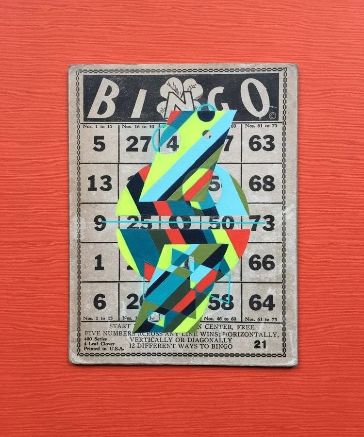 "Luck is a very thin wire between survival and disaster" –Hunter S. Thompson SOLD | Art Size: 5.5" x 7" | Framed Size: 11" x 9" | Medium: Acrylic on Vintage 1940s Bingo Card | Created: 2018