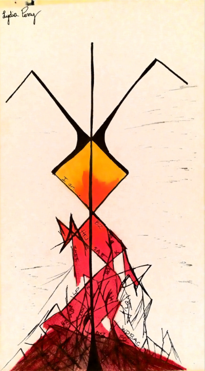   This is the precursor to my picture, “Adoration.” This one deals with the process of stuffing feelings. It’s hard to tell, but the first words are, “I am…” and then random letters fall throughout. Why? By the time feelings are stuffed it’s hard to 