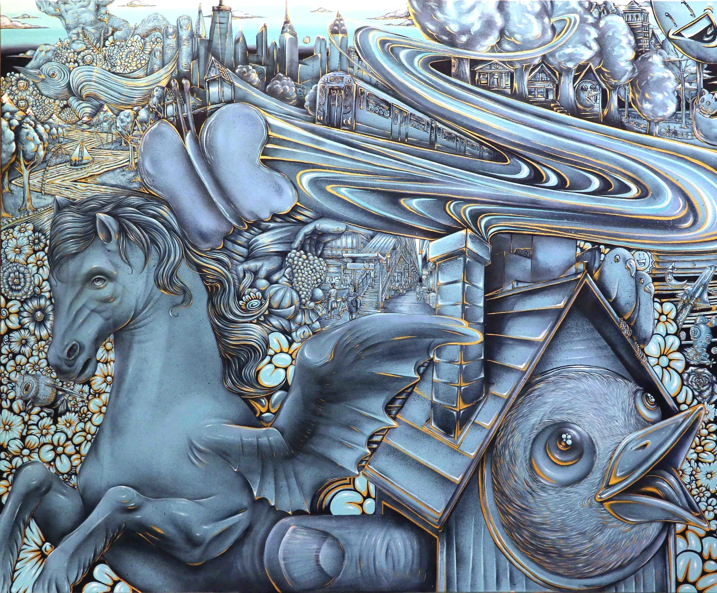 Carve your dreams in stone so they last for ages Oil paint, spray paint & latex paint on canvas 5 x 6 feet