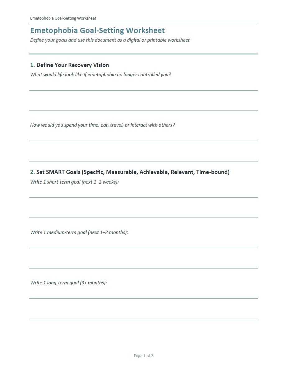 CABT's Emetophobia Institutue: Emetophobia Goal-Setting Worksheet for emetophobes