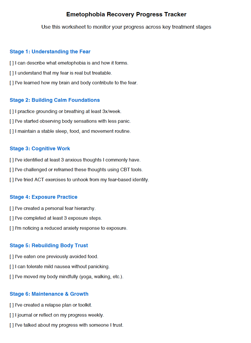 CABT's Emetophobia Institutue: Emetophobia Progress Recovery Tracker Worksheet for emetophobes