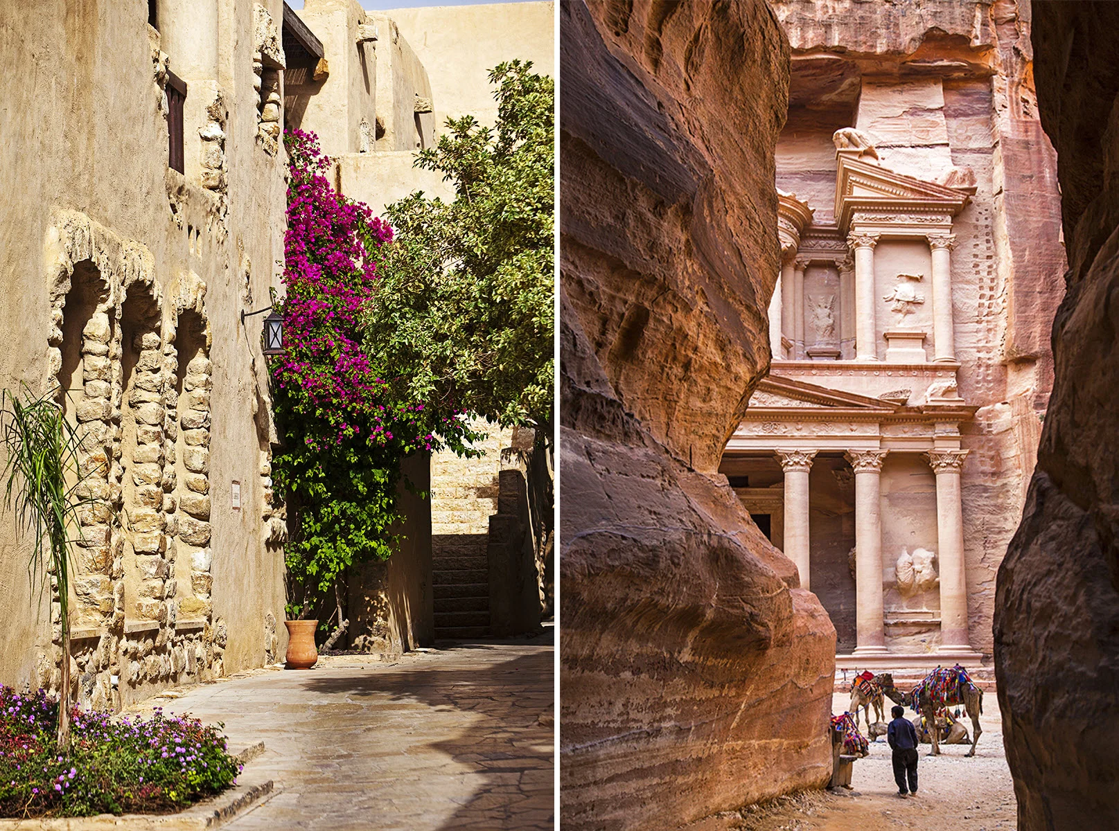 LEFT  A back lane in Madaba,&nbsp;which is famous for its mosaics.&nbsp; right  Looking through the Siq to the Treasury at Petra.&nbsp;Photography from Getty Images.