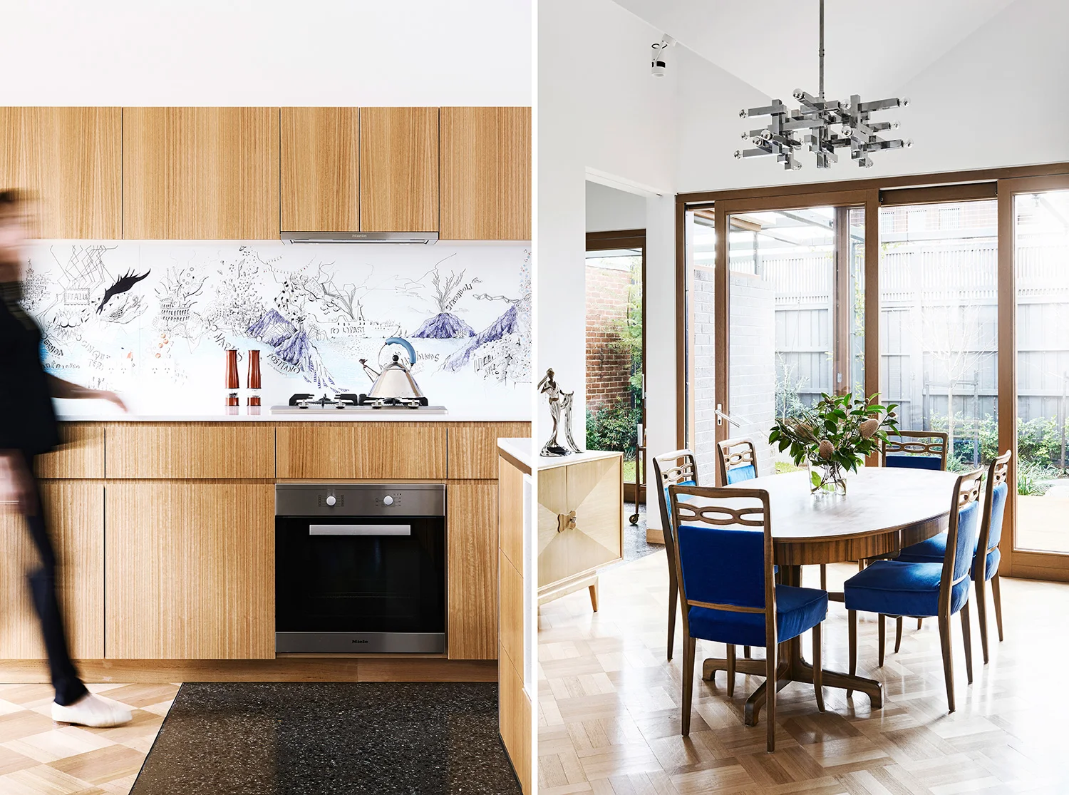 KITCHEN  Printed on glass, an Alex Hotchin illustration is transformed into a deeply personal, one-of-a-kind splashback.  DINING  Steven has loved parquetry floors since he was a teenager; Steffen had Australian beech parquetry laid in the dining area, kitchen and as a ‘rug’ in the library.