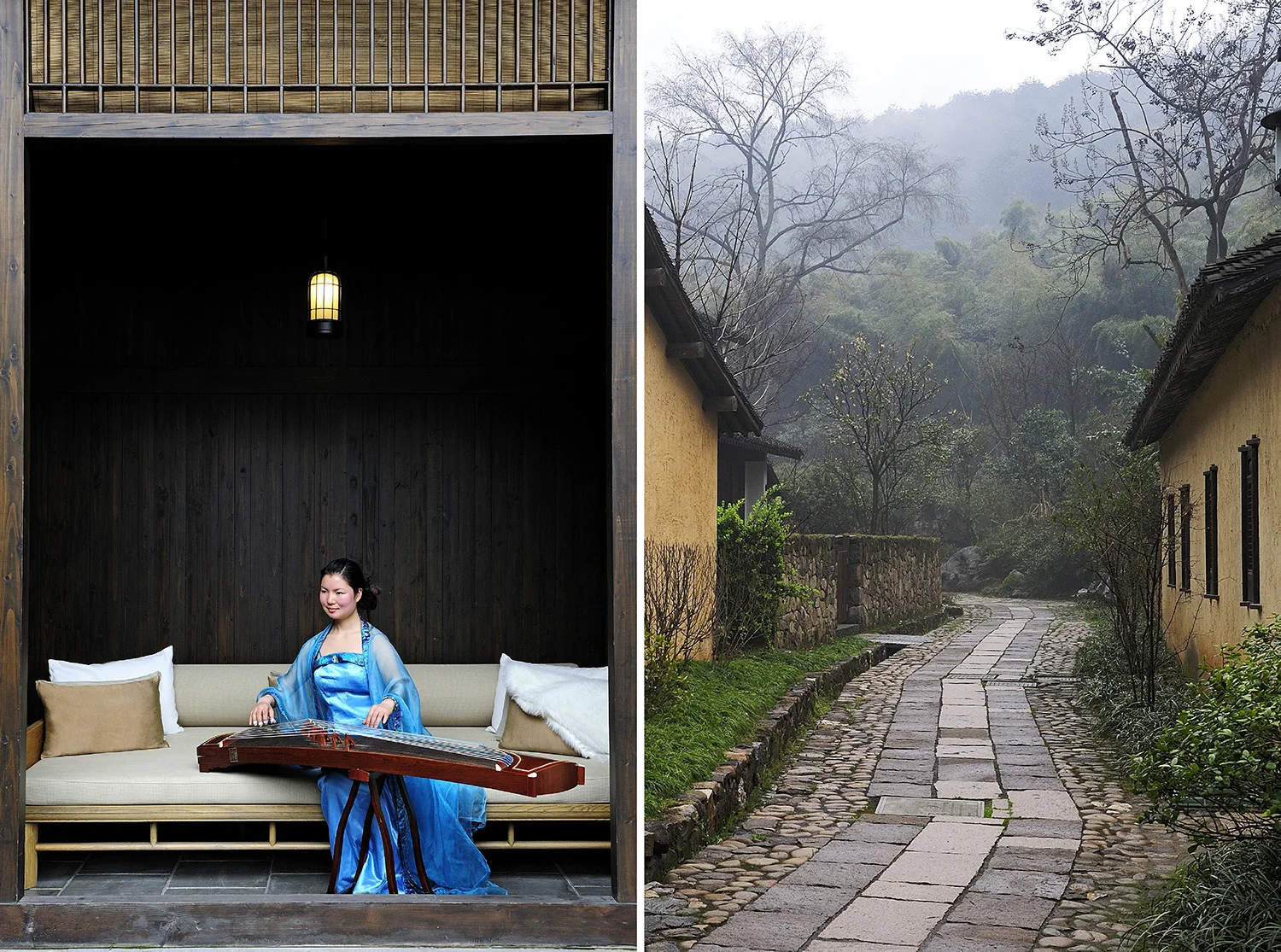 LEFT  A local musician plays at Fayun Place.  RIGHT  Fayun Pathway connects each part of the resort; it begins at the reception area and winds its way through the property, ending at the entrance to Lingyin Si.