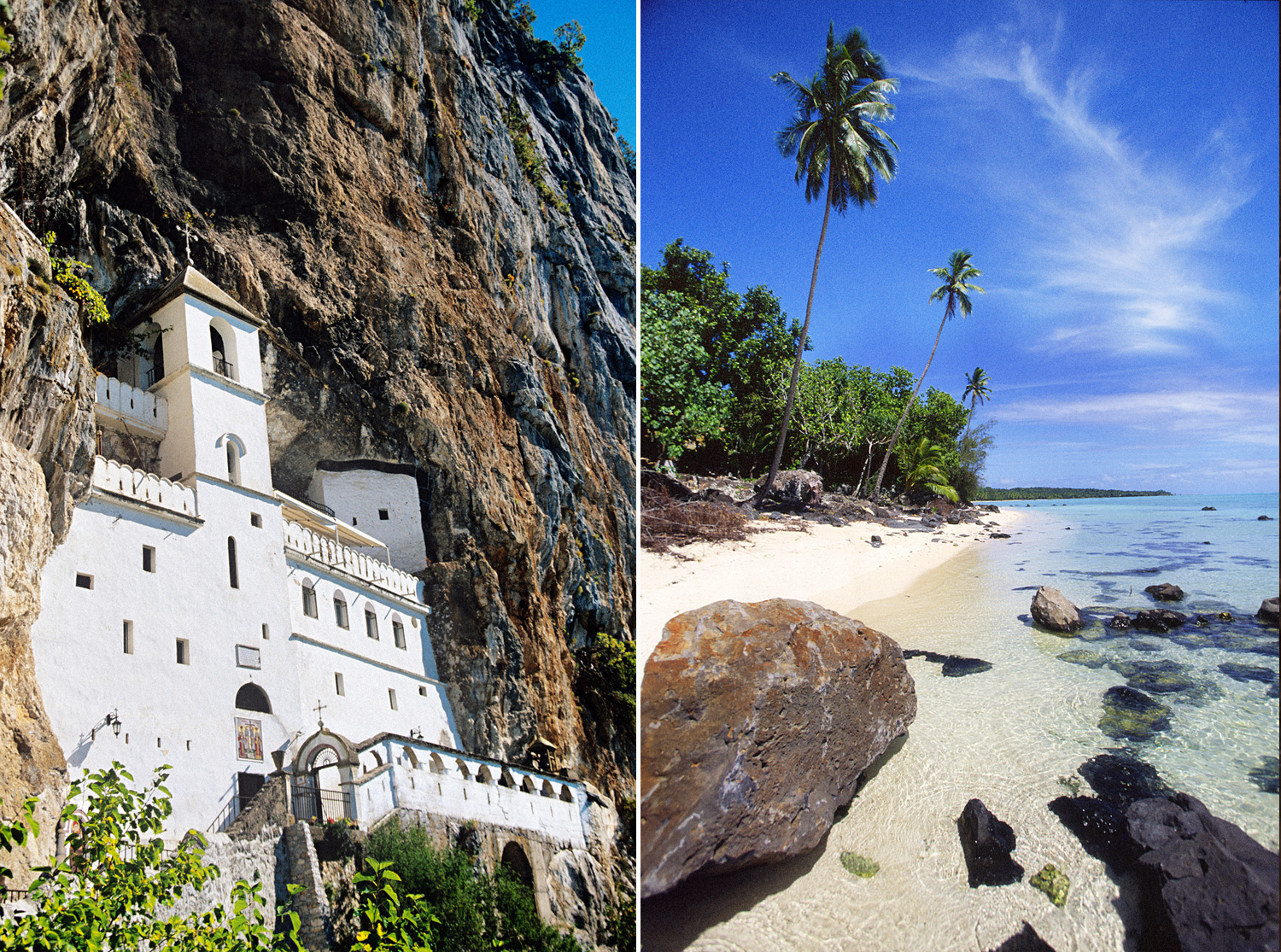 LEFT  The monastery of Ostrog, established in the 17th century, is built into cliffs near the Montenegrin city of Niksic.  RIGHT &nbsp;Find blissful solitude at Amuri beach on Aitutaki.&nbsp;Photography from Photolibrary.