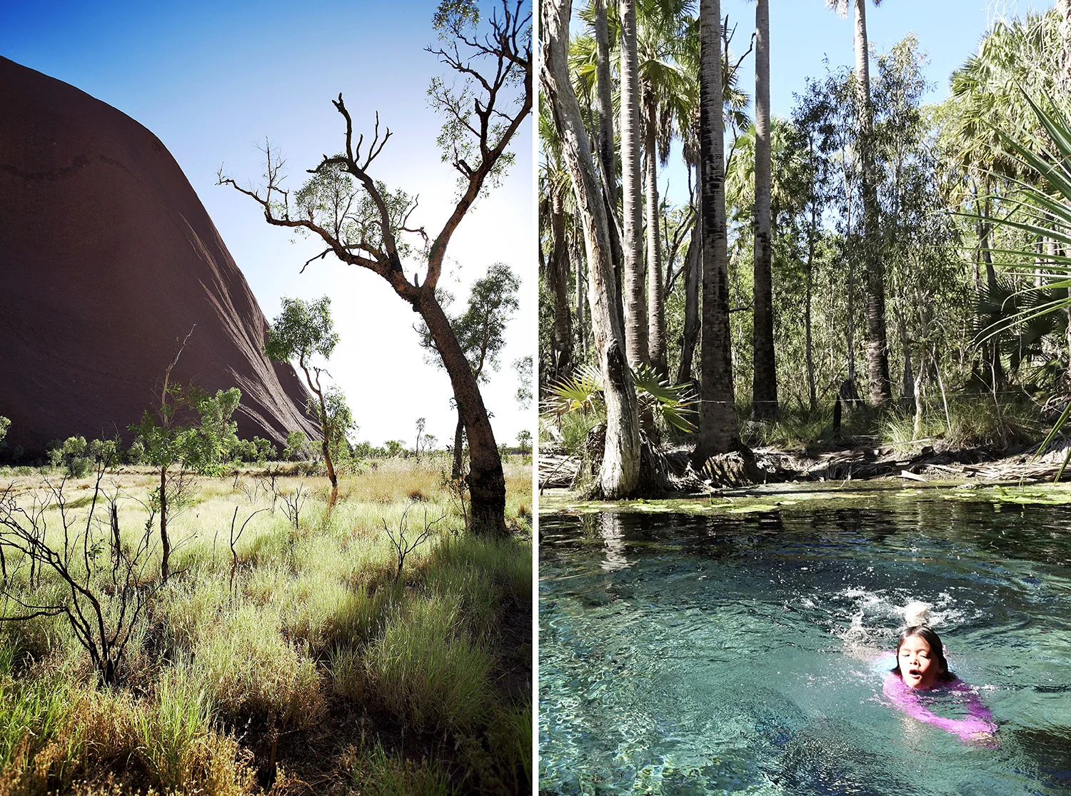 LEFT  The beauty of Uluru.&nbsp;Photograph by Nicholas Watt.  RIGHT  Mila enjoys a dip at Bitter Springs, Mataranka. Photograph by Khaedup Shakya.