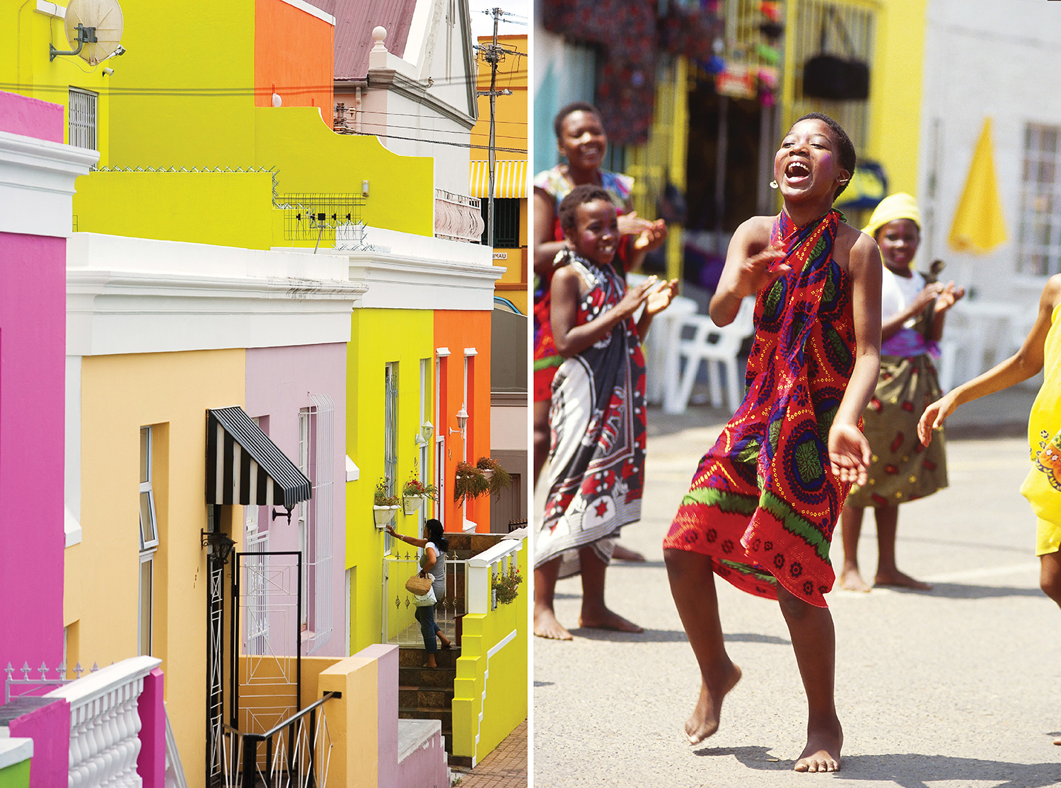 LEFT  The colourful Malay district in Cape Town. Photograph from Picture Media.  RIGHT  Young tribal dancers. Photograph from Photolibrary.