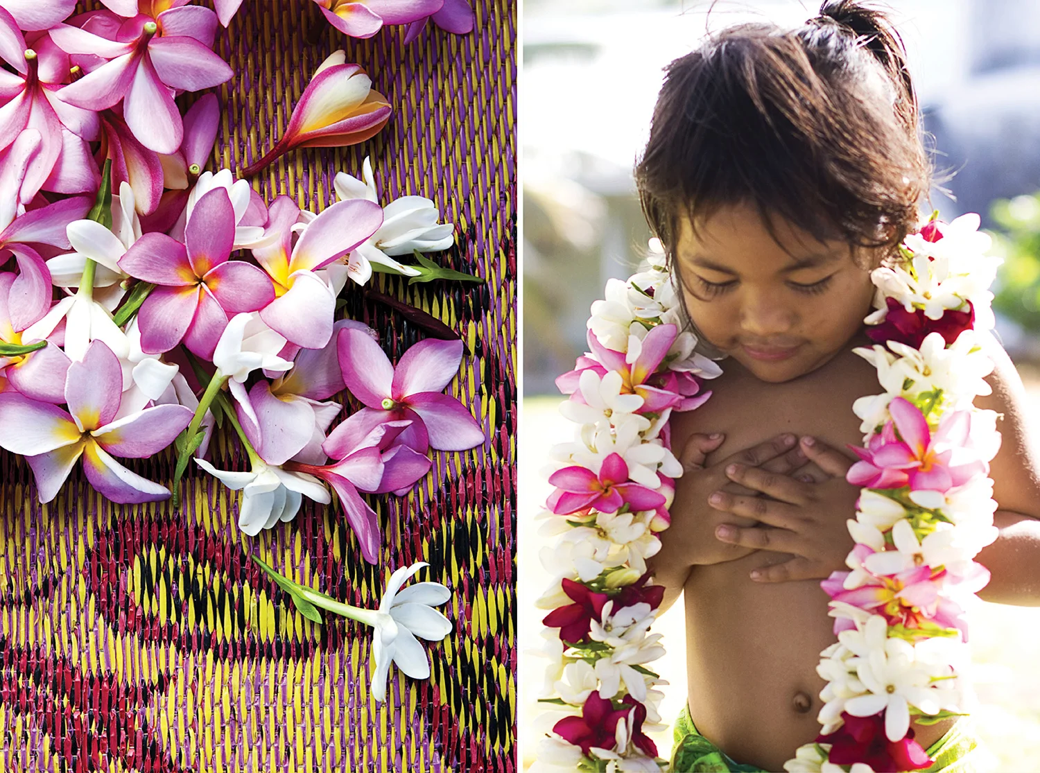 LEFT  White and pink frangipani are found throughout the Cook Islands.  RIGHT  A local child wears a fresh  ‘ei.