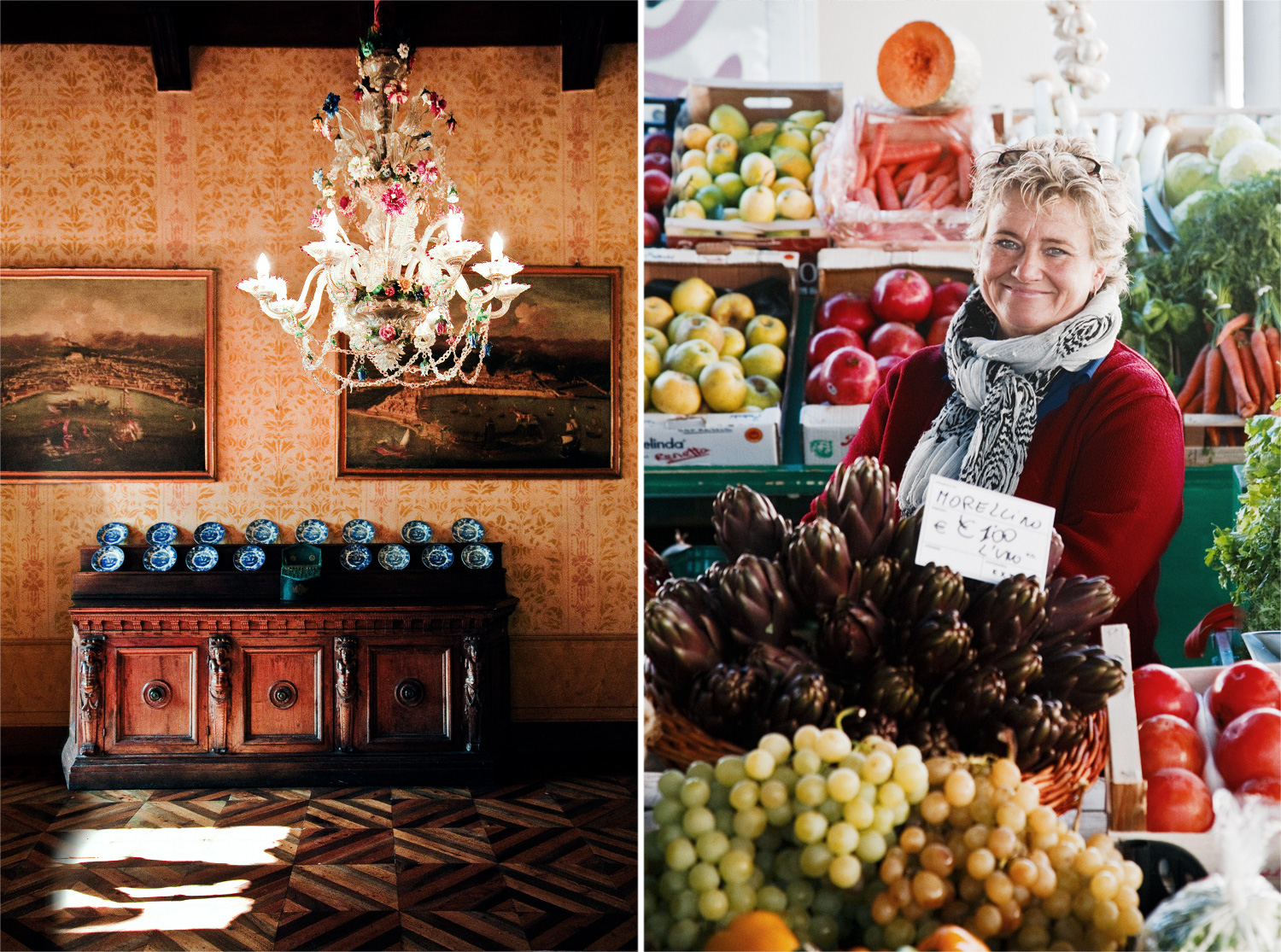 LEFT  The charming Old Dining Room in the Villa di Maiano, the main house of Fattoria de Maiano, which was used as a location for the films  Tea with Mussolini  and  A Room with a View .  RIGHT  Produce sellers at Florence’s Sant’Ambrogio stock an incredible array of fruit and vegies.