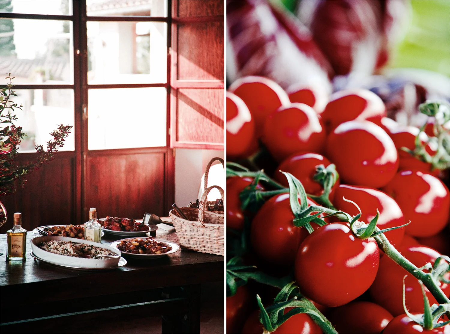 LEFT  The lunch spread laid on by the owners, the Miari Fulcis family.  RIGHT  Succulent fresh tomatoes on sale at the market.