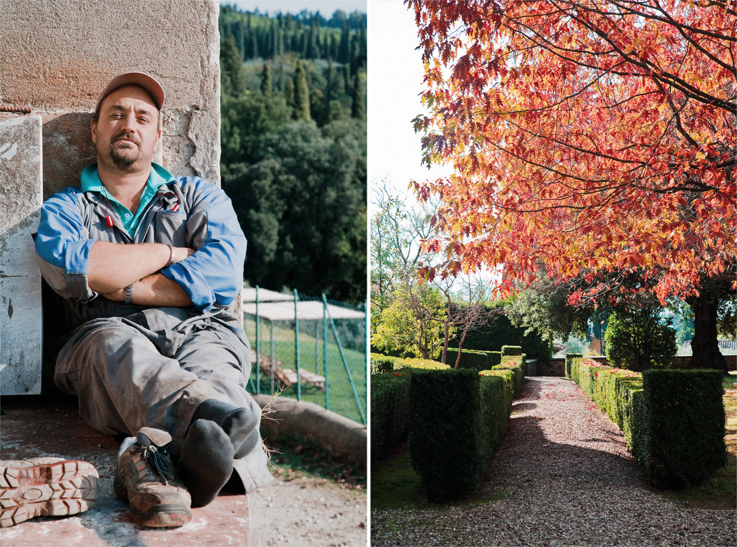 LEFT  A worker at Fattoria di Maiano’s olive-oil press enjoys a rest in the sunshine.  RIGHT  One of the pleasures of visiting Fattoria di Maiano is taking a stroll in its well-tended gardens.