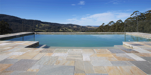 Sofala outdoor pool tiles in French Pattern, sealed with Sealer's Choice Gold. You can see from the image that this has no effect on the stone colour. 