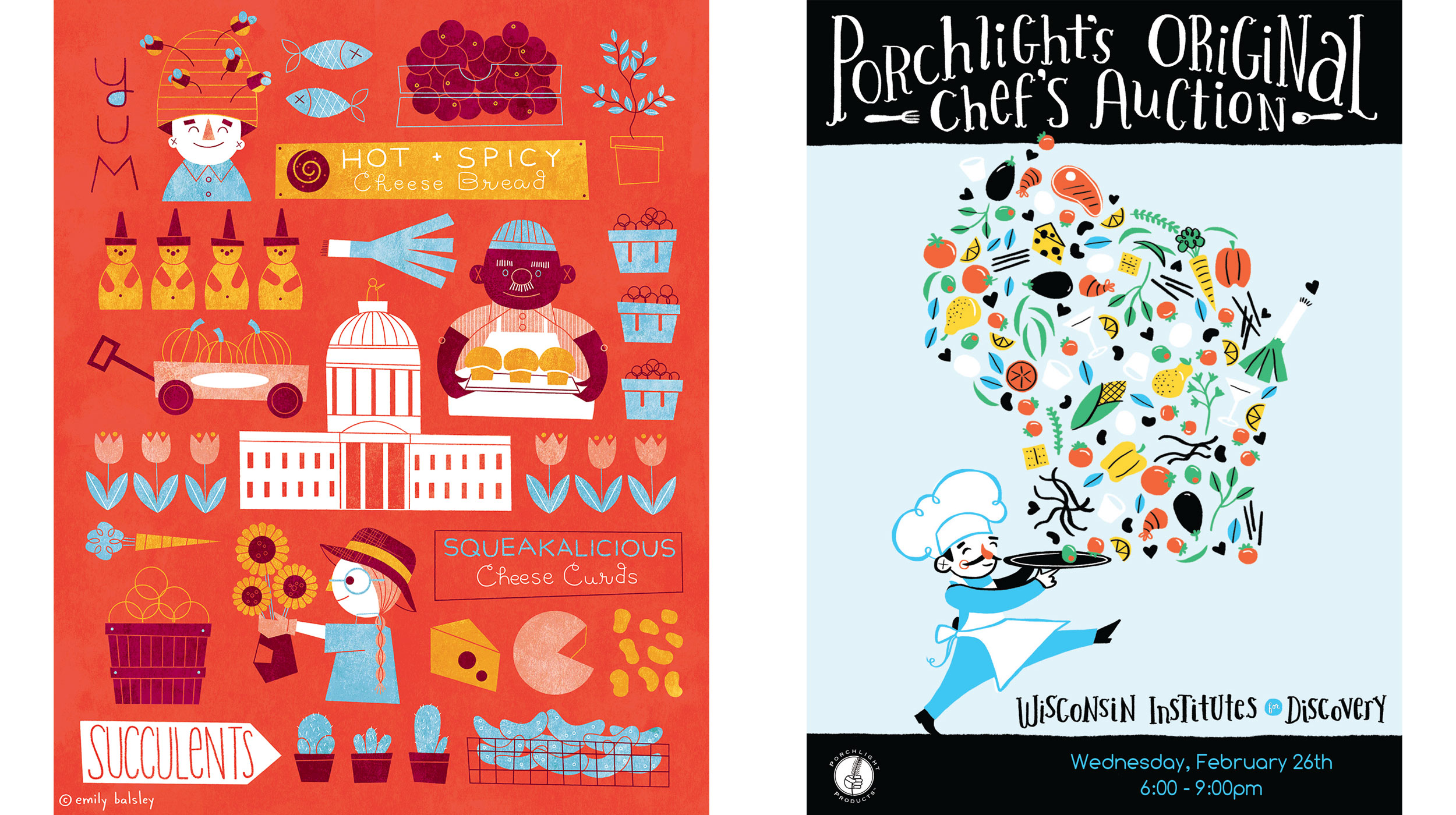 (L) Dane County Farmers' Market - Personal Project (R) Supporting Collateral for Porchlight Inc.'s fundraiser, The Chef's Auction