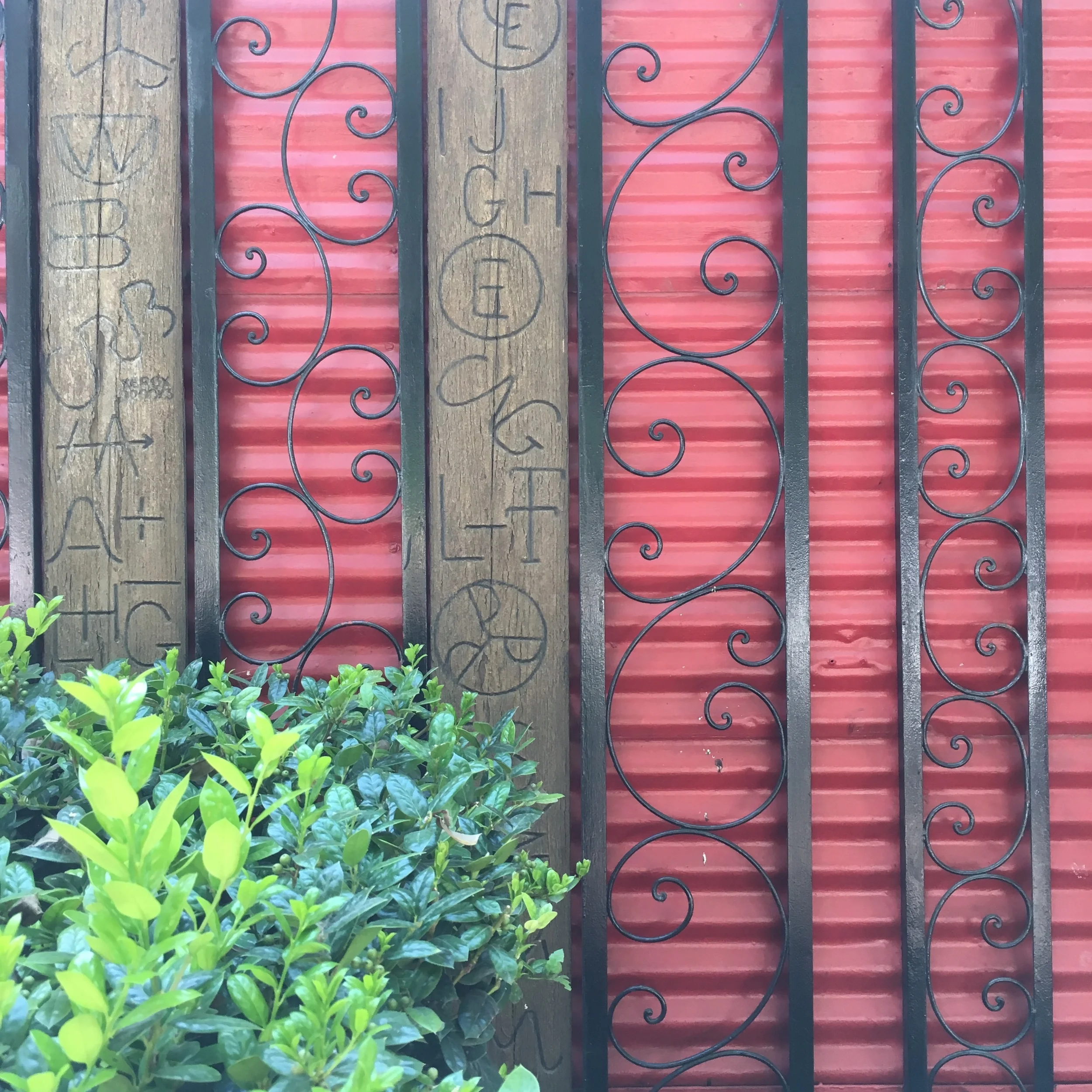 Detail of the side of the Iron Works BBQ building
