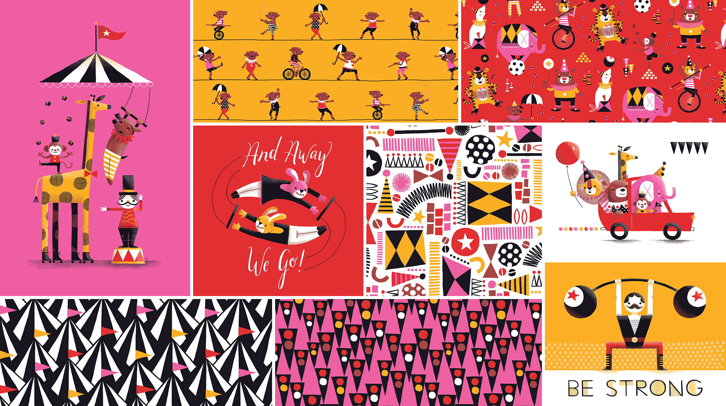 Circus imagery is so fun. First, it involves a lot of different animals, which I always love drawing. Secondly, there are many different shapes, textures and bold patterns that play into my style perfectly. For 10,000 Thrills I utilized a more geometric approach which gave this collection a funky, modern twist.