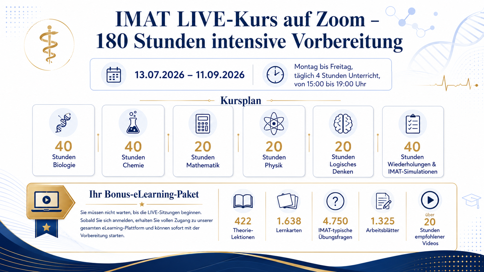IMAT Live-Kurs 2026 auf Zoom: 180 Stunden intensive Vorbereitung auf den IMAT für Medizin in Italien mit Biologie, Chemie, Mathematik, Physik, Logischem Denken, Simulationen und eLearning-Zugang.