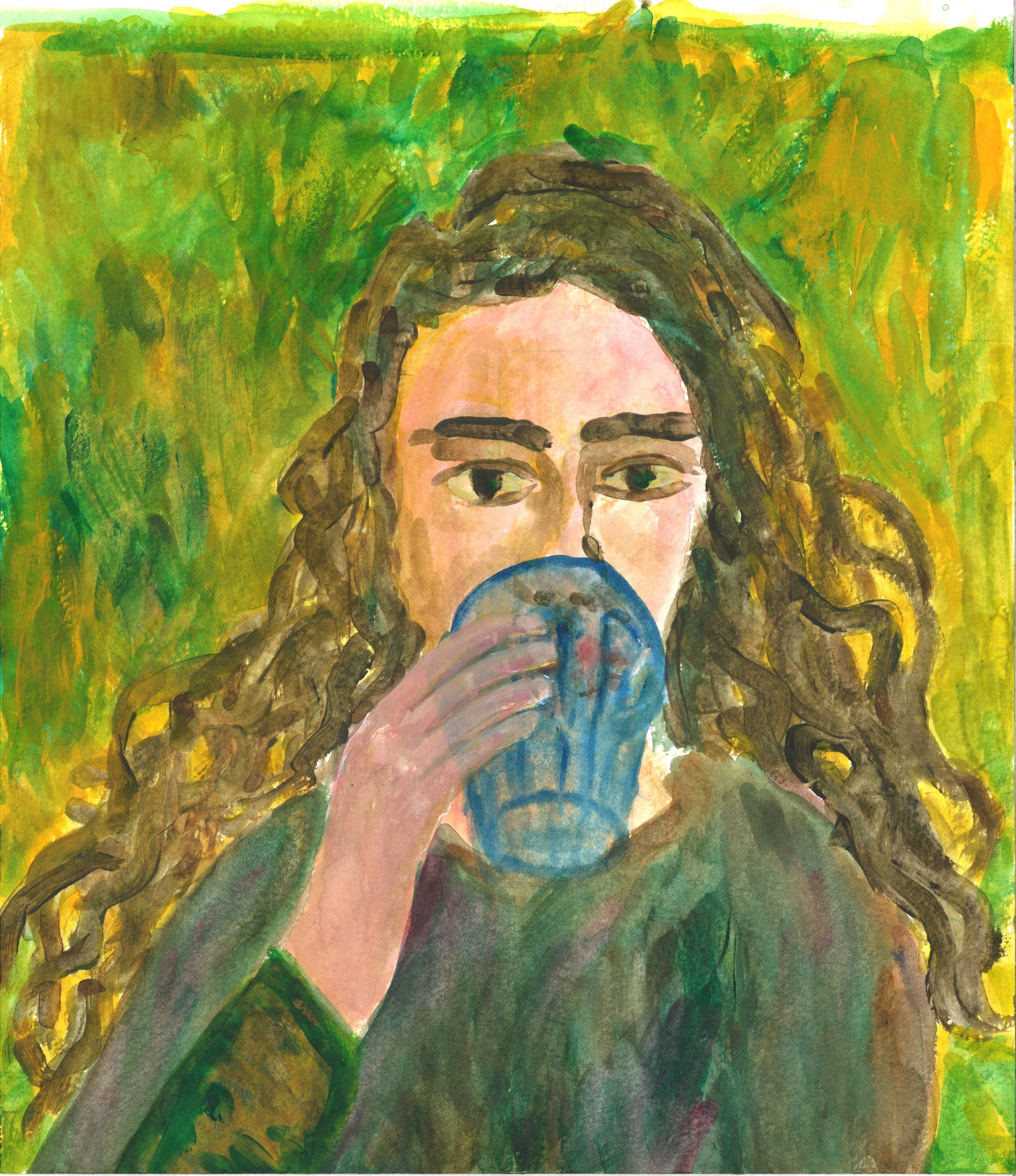 Watercolor and Gouache on Paper. Self Portrait, hydrating.