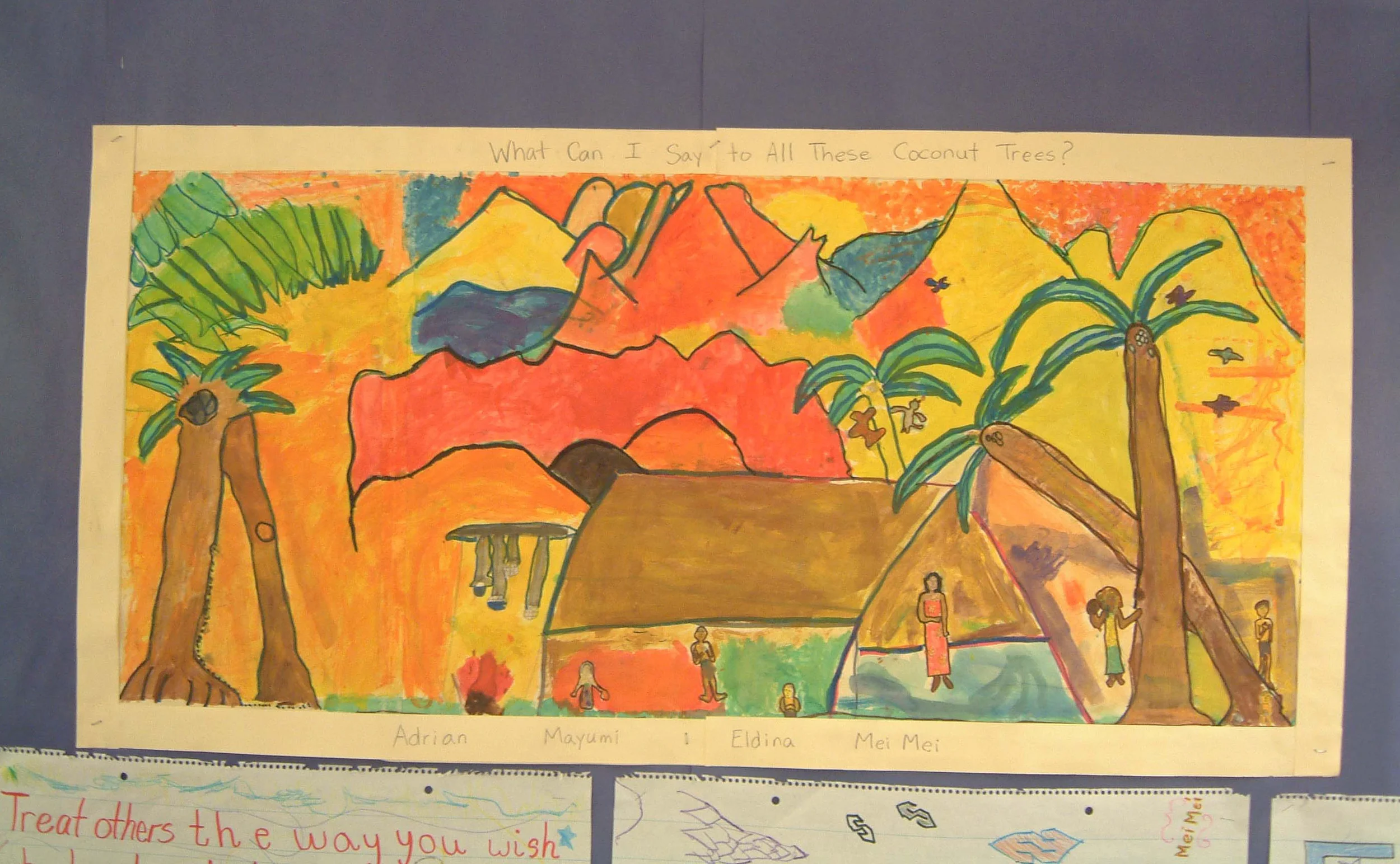 Red dogs & pink skies: what can i say to all of those coconut trees? Painted By Adrian, Mayumi, ELDINA, & Mei Mei Fourth Grade, Manhattan school for children, ps333, new york city