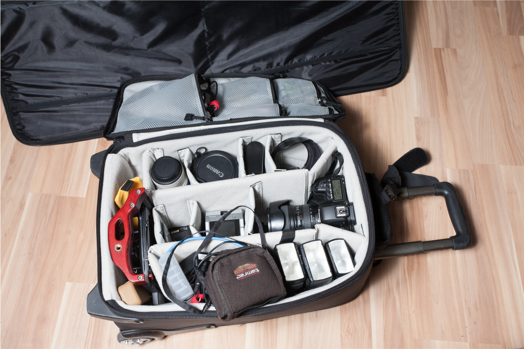 Mise en place on location: one of our standard gear bags