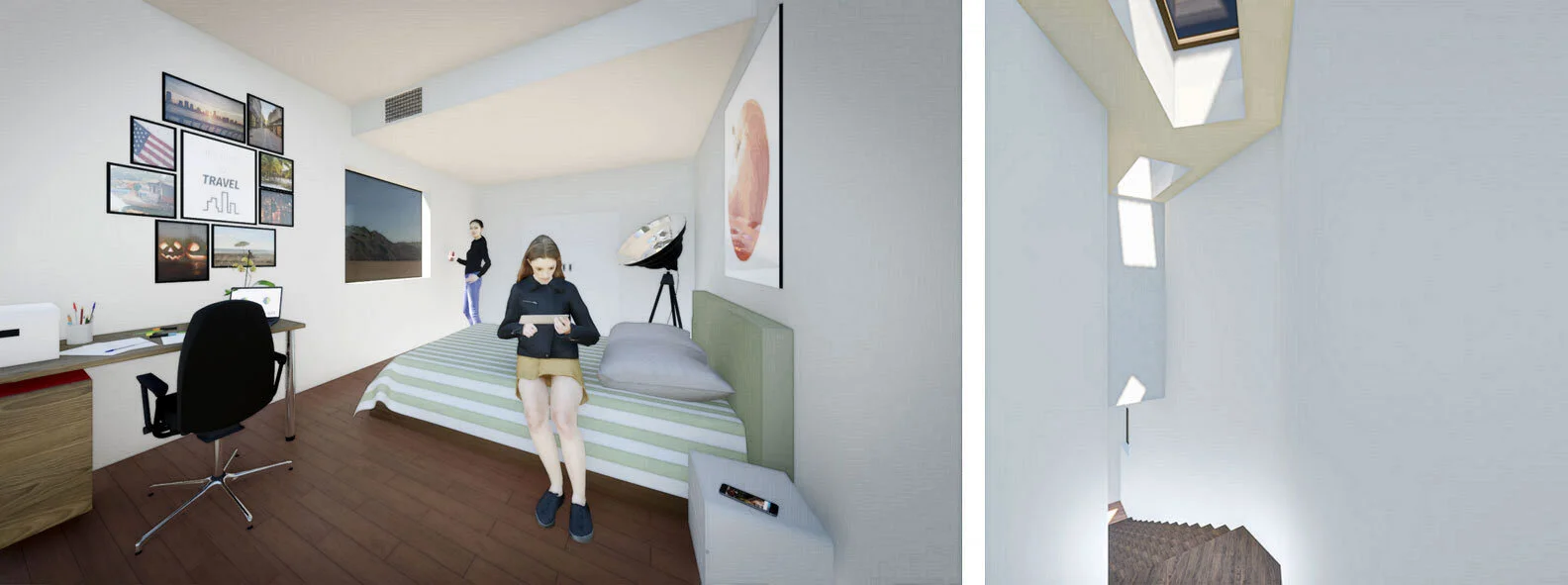  Skylights are placed to add more daylight to both stories. 