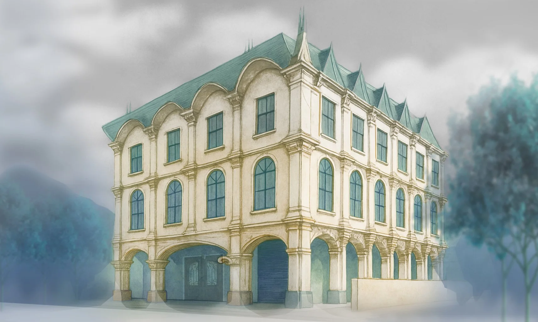  This rendering shows a version with an even number of columns and odd number of bays on the ground floor, marking a centered pedestrian entry, while switching to an odd number of columns and even number of bays on floors 2 and 3. 