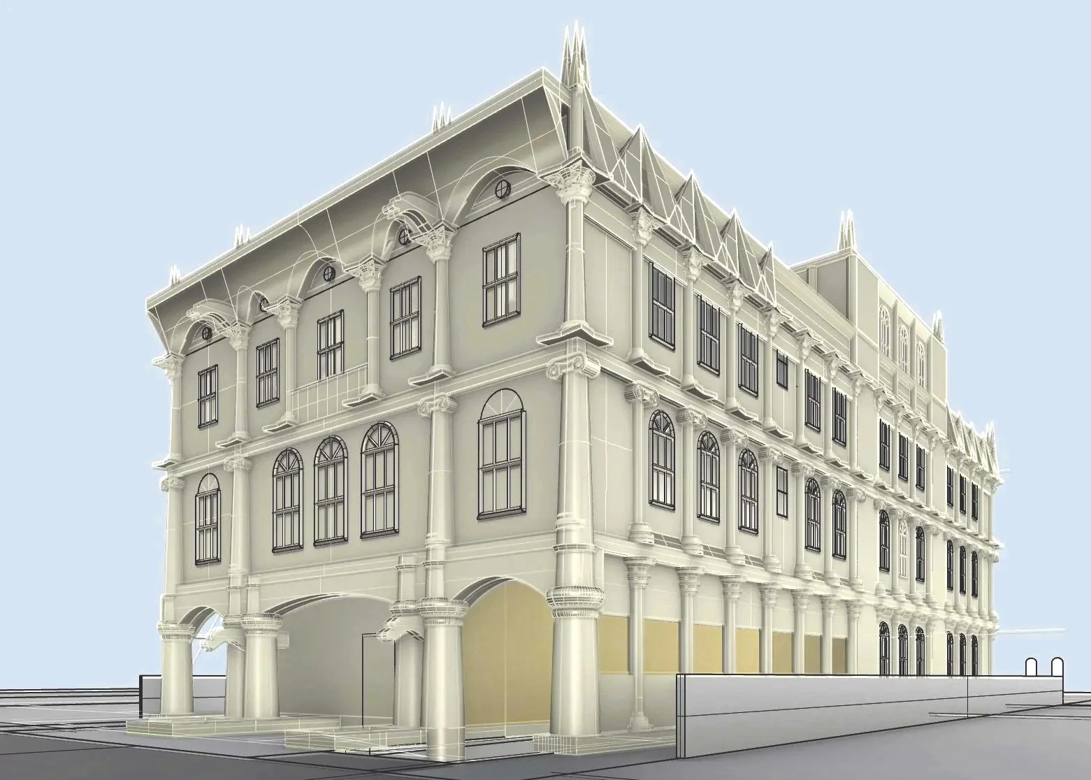  This version includes an even number of columns and odd number of bays on all three floors (from the front elevation) 