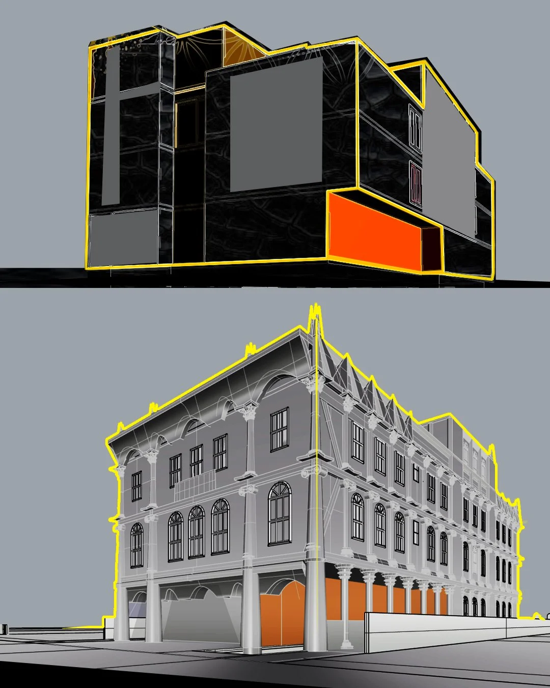  Pre-podcast modernist massing above, and later developed traditional massing below 