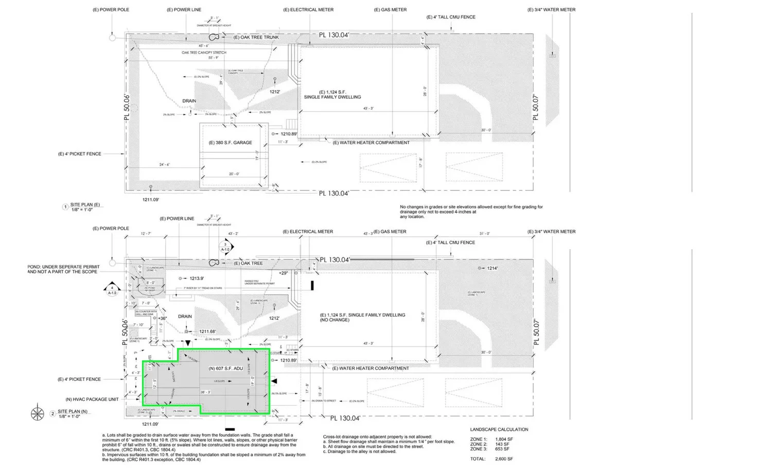 Existing and proposed site plans illustrating the transformation of a detached garage into an expanded ADU addition. 
