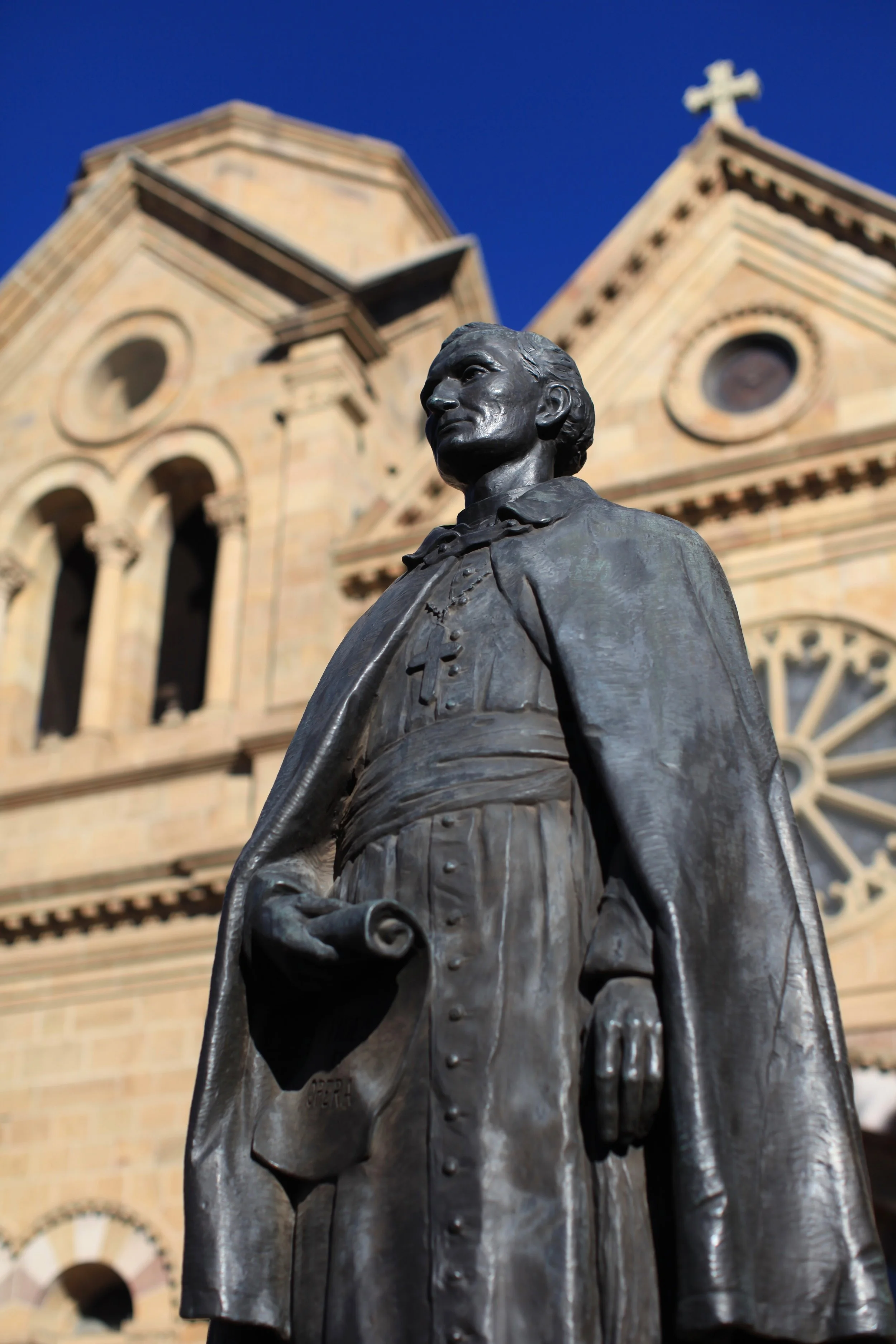 The statue of Jean-Baptiste Lamy - on whom Willa Cather based Bishop Latour - in front of his Cathedral in Santa Fe.