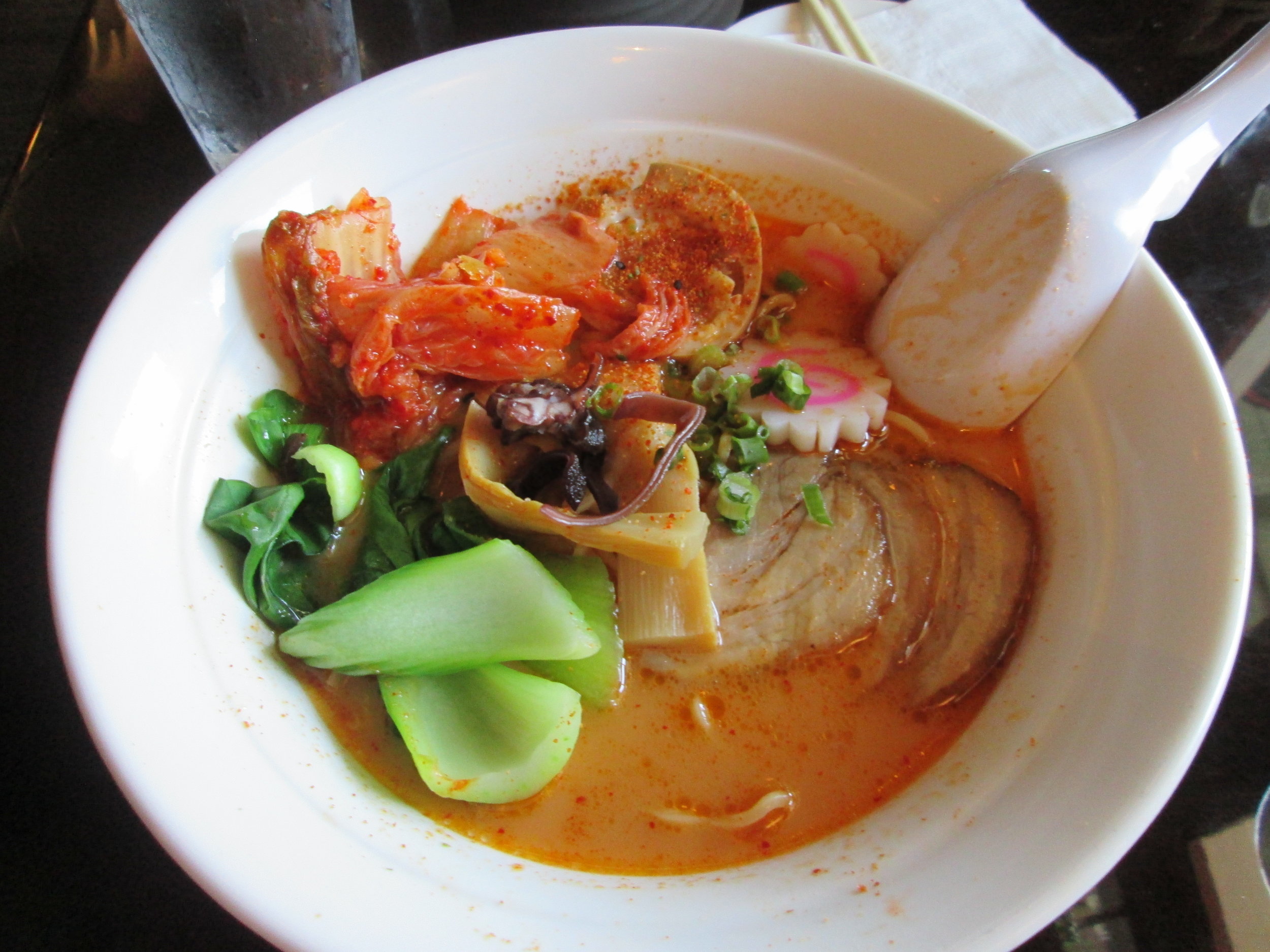  Spicy tonkotsu ramen with beef, bok choy, and kimchi 