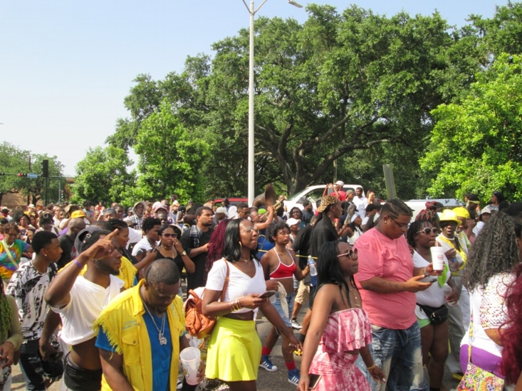  The crowd surrounding the Money Wasters brass band 