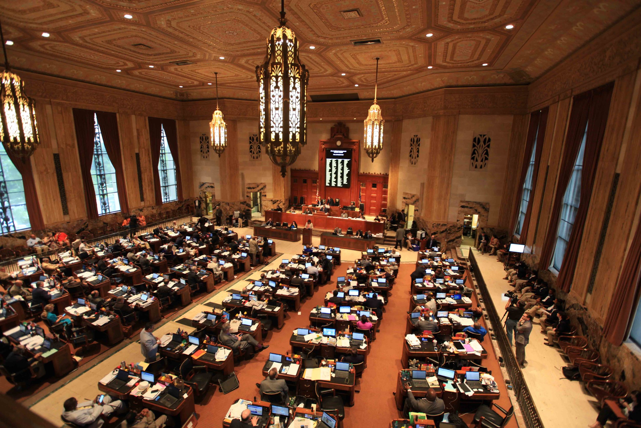  The Louisiana House of Representatives in session.&nbsp; Huey Long would wander onto the floor, sit on the Representatives' desks, and bully them into doing his will. 