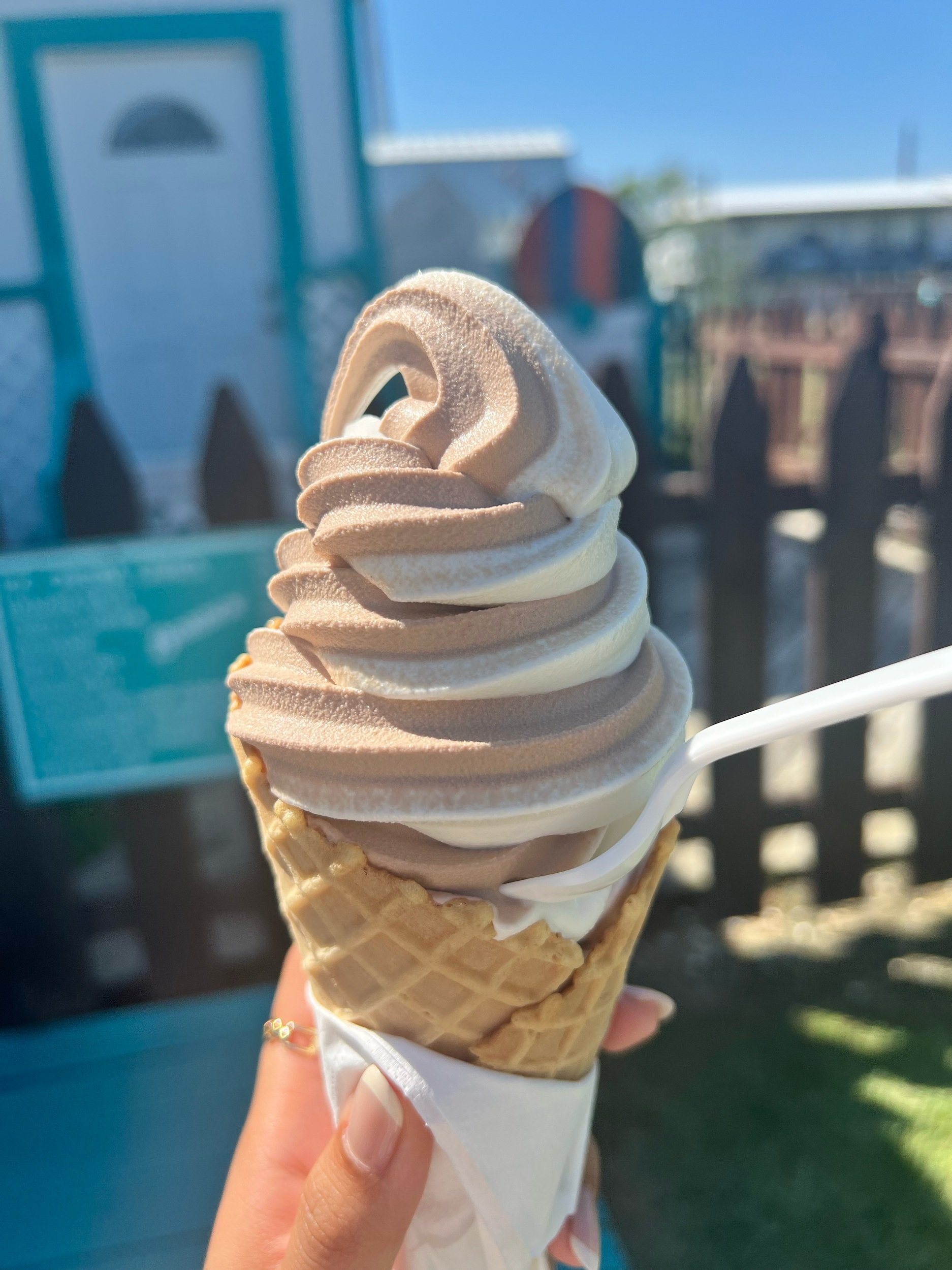 Swirl ice cream on waffle cone from Meagan's.