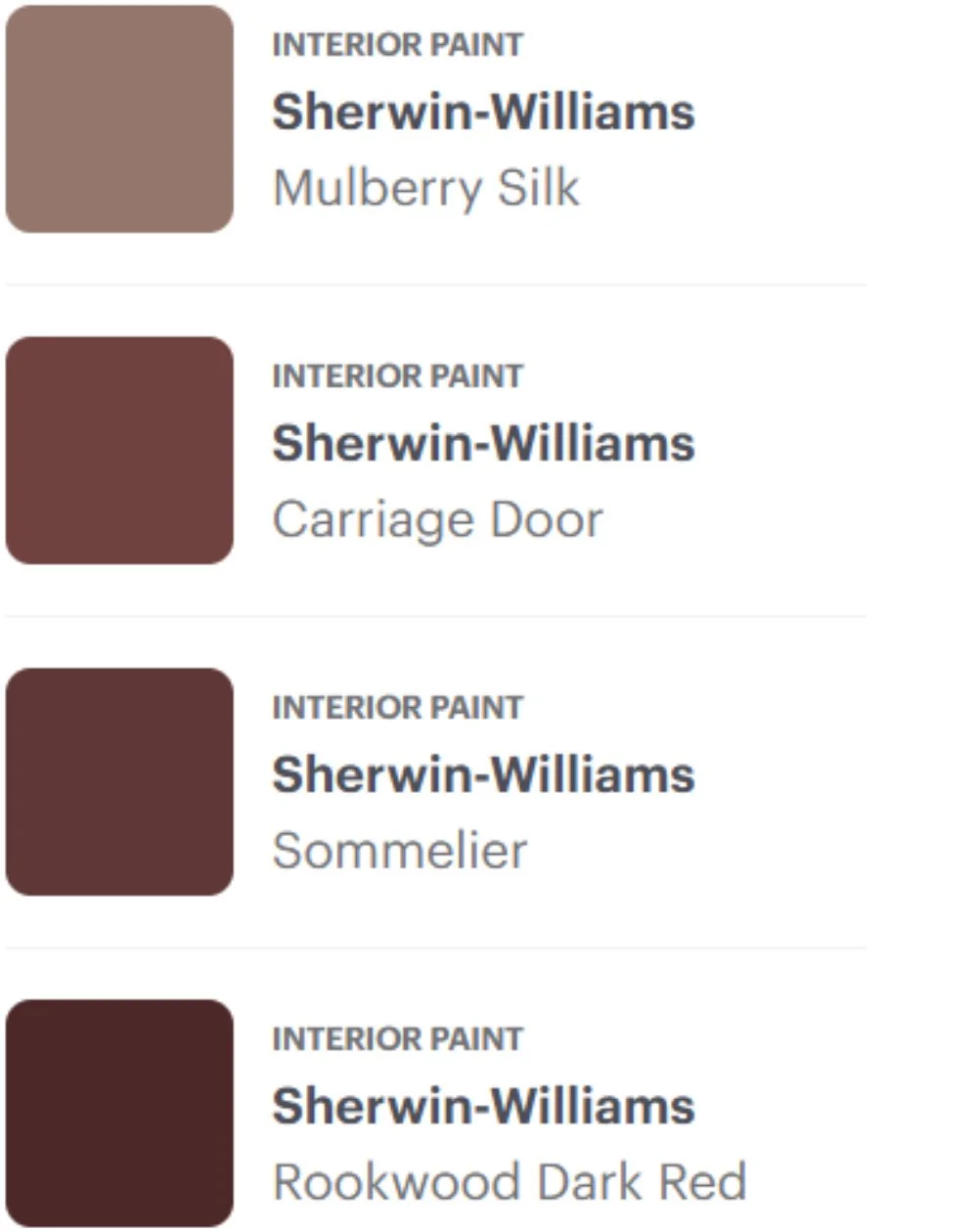 Sherwin-Williams color swatches provided by SJL Design Group: Mulberry Silk, Carriage Door, Sommelier, and Rookwood Dark Red