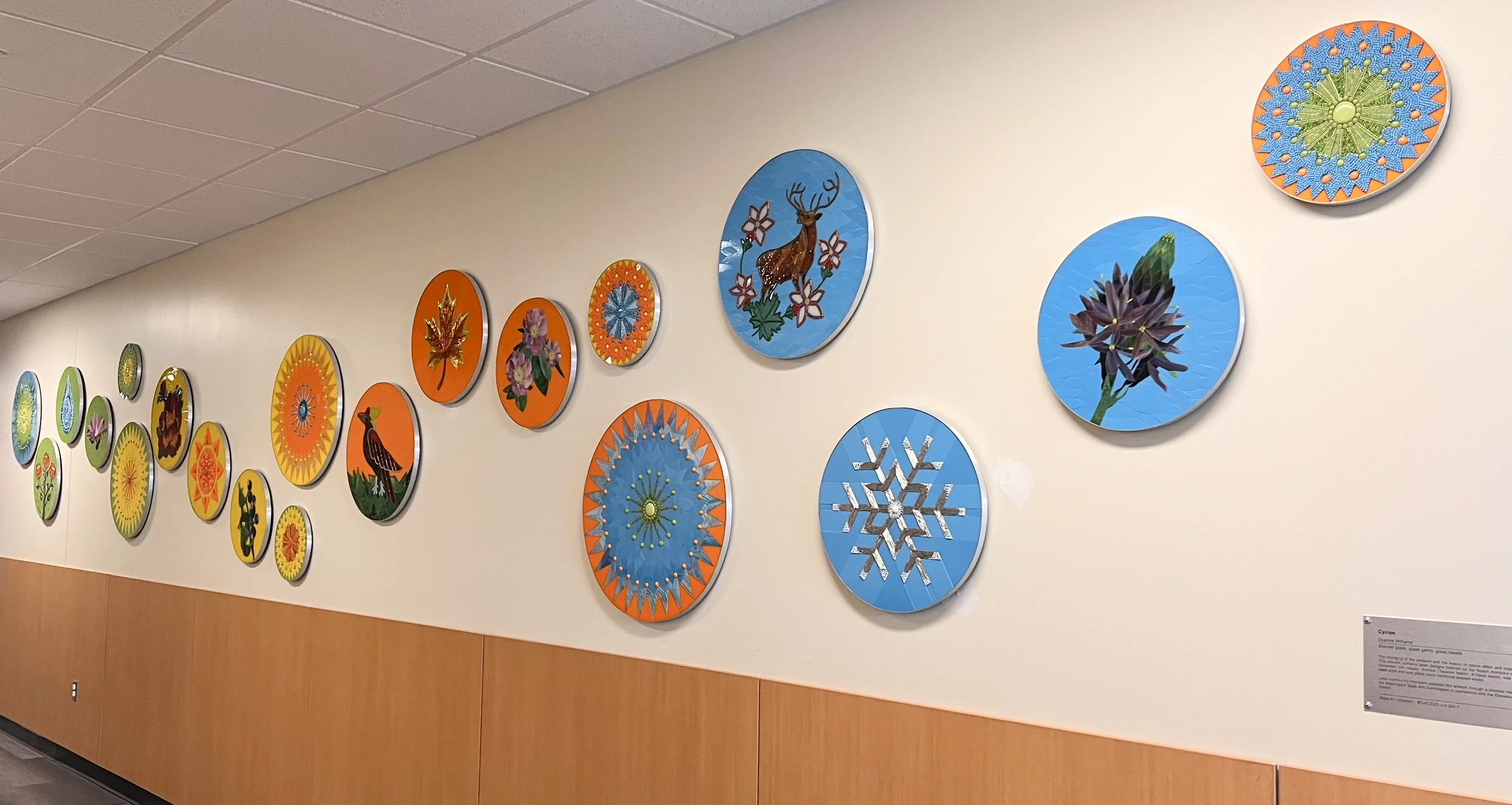Completed Cycles public art mosaic installation by Dyanne Williams at Ida Nason Aronica Elementary School in Ellensburg, Washington, commissioned by ArtsWA