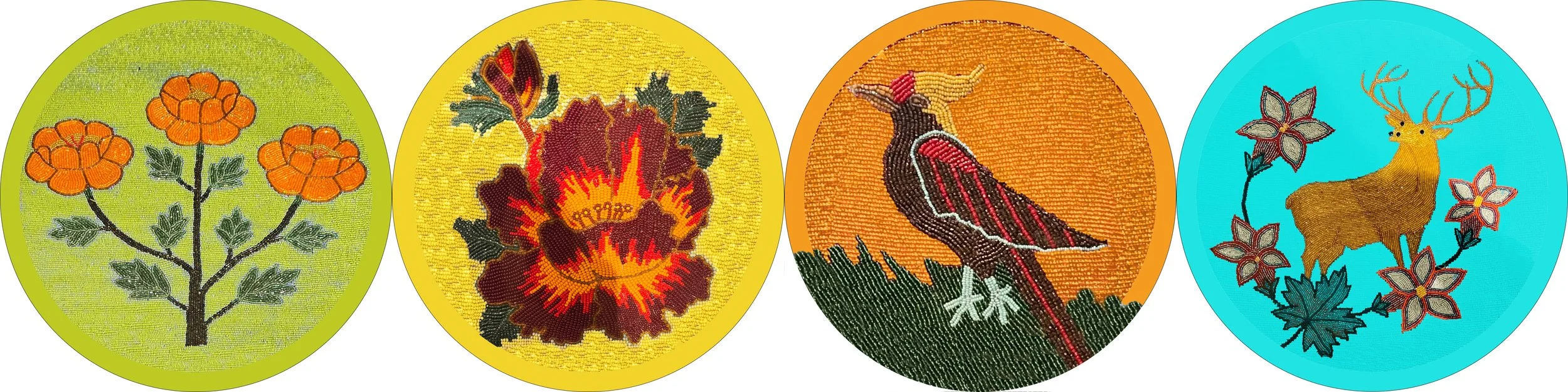 Digital mockups of the four beadwork-inspired panels for the Cycles public art mosaic commission, featuring designs inspired by Yakama Nation artist Ida Nason Aronica's beadwork collection, interpreted in glass mosaic by Dyanne Williams