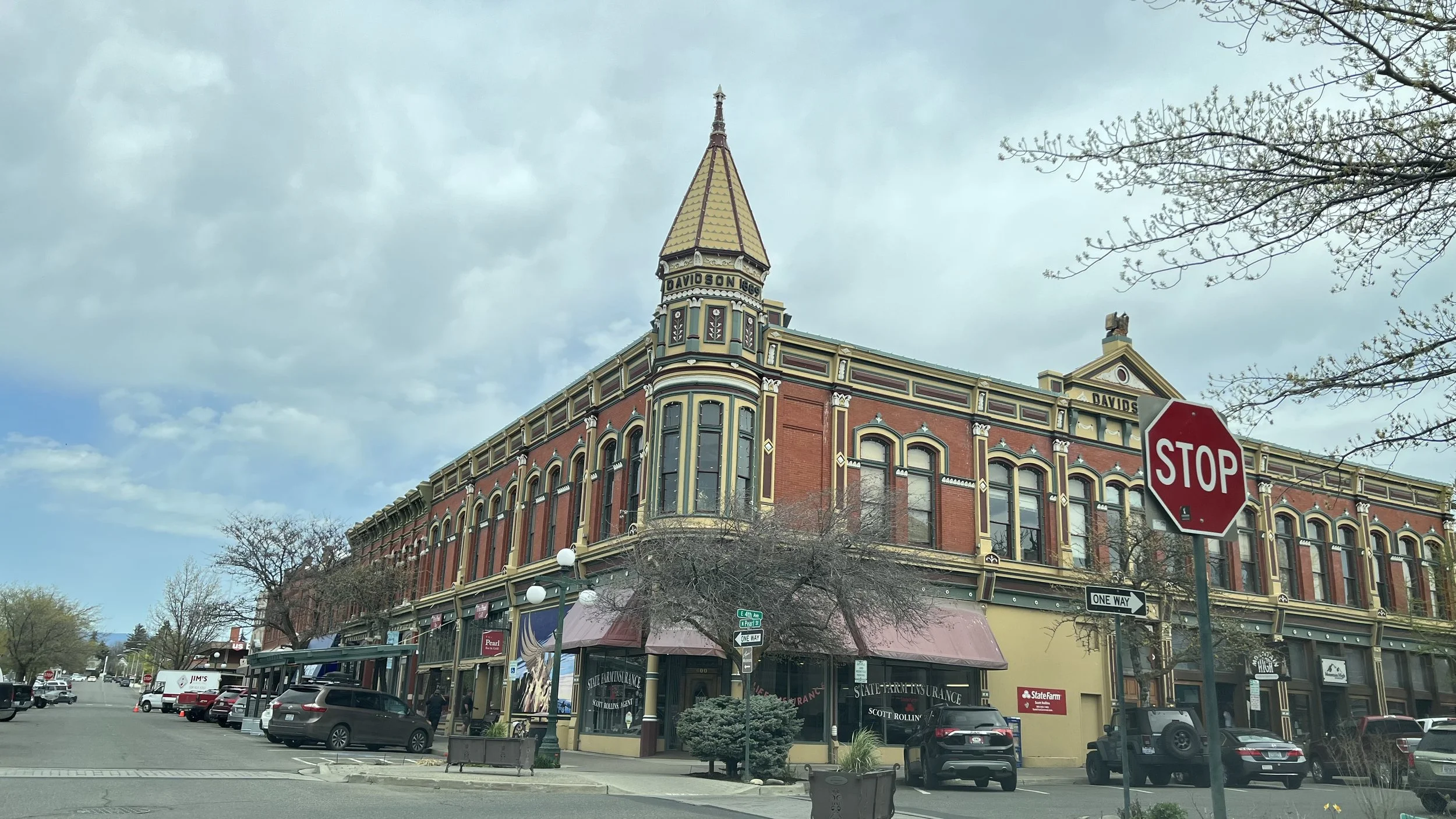 Charming historic architecture in downtown Ellensburg, Washington, near Ida Nason Aronica Elementary School, the site of the Cycles public art commission.