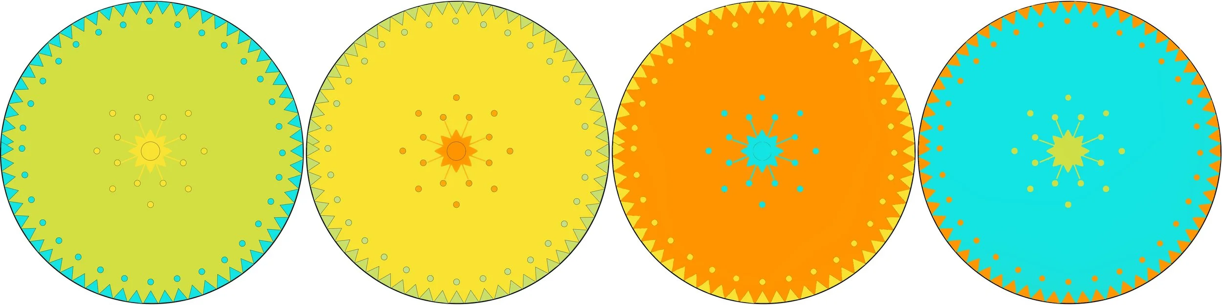 Digital mockups of the four radial symmetry transition panels for the Cycles public art mosaic commission, showing Spring, Summer, Fall, and Winter seasonal designs by Dyanne Williams.