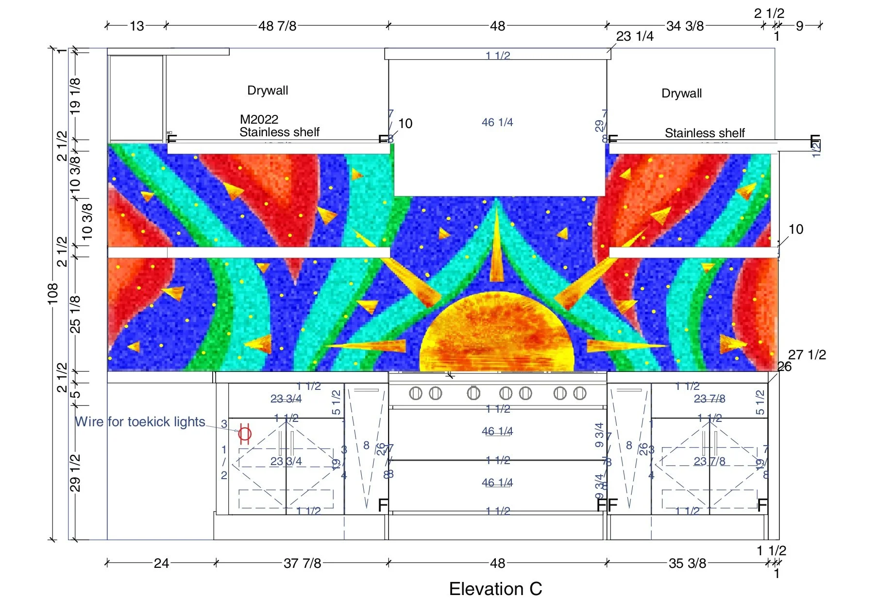 Chosen mockup of Sun Kitchen Mosaic placed into wall elevation.