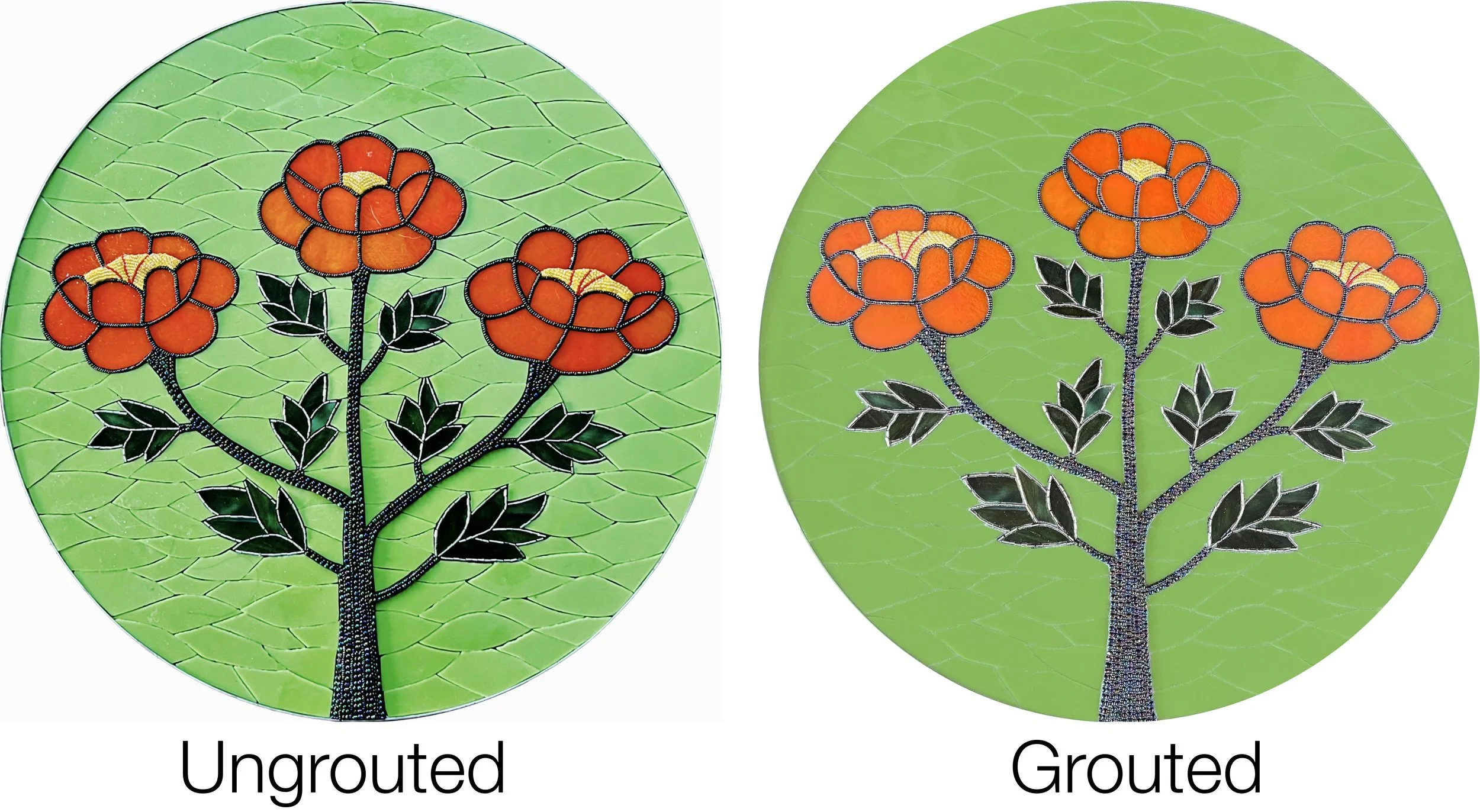 Comparison of a completed Cycles public art mosaic panel showing the difference between grouted and ungrouted glass mosaic by Dyanne Williams