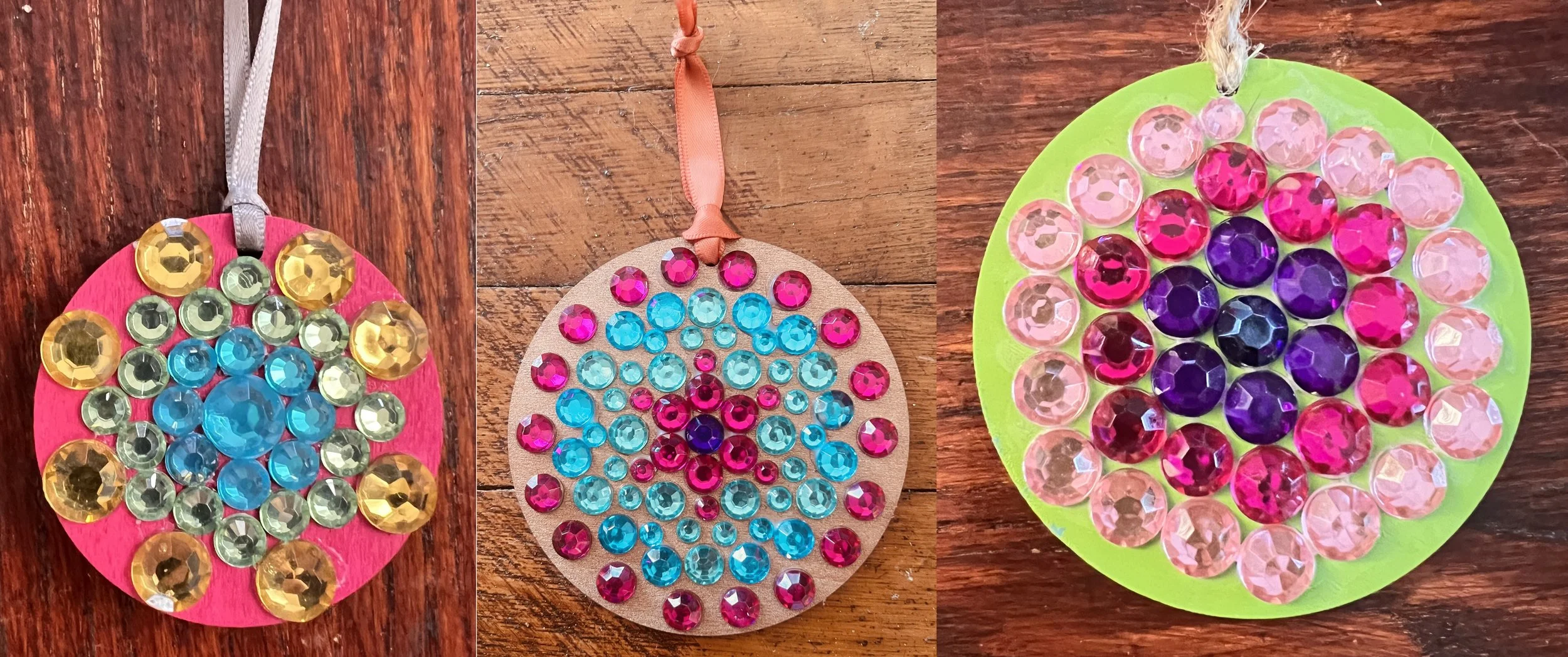 Three examples of gem mosaic medallions made by students at Ida Nason Aronica Elementary School as part of the Cycles public art commission by Dyanne Williams
