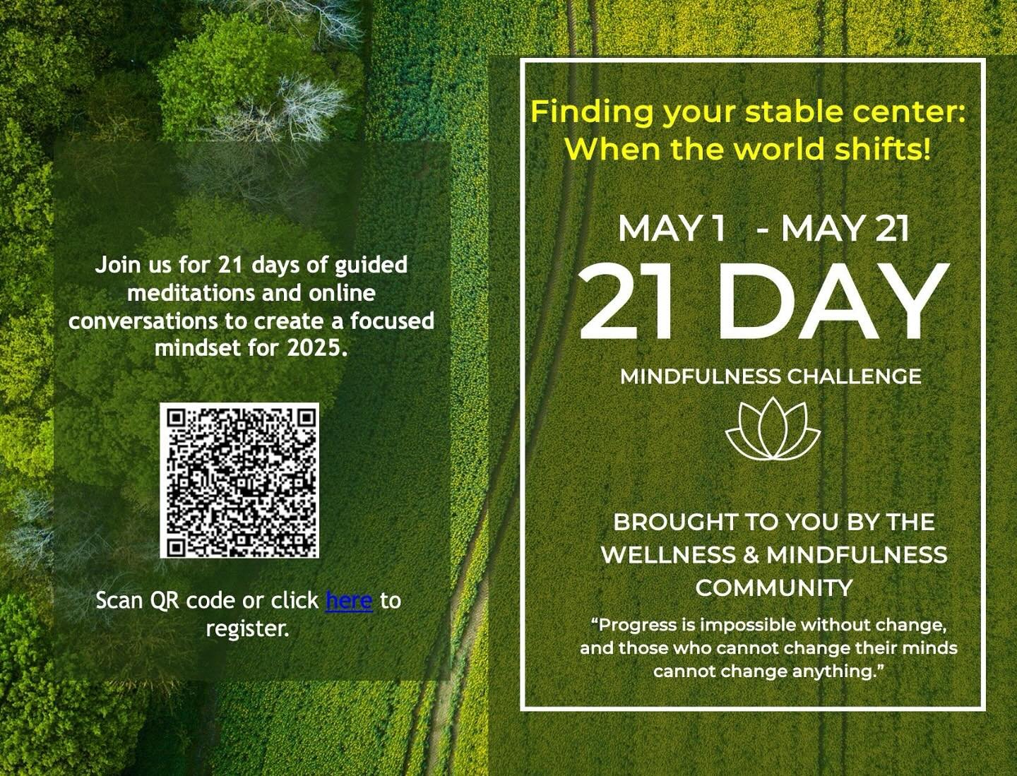 🌎 The world may be spinning fast — but you can find peace right where you are.
Join our 21-Day Mindfulness Challenge: Finding Your Stable Center When the World Shifts.
Each day, you’ll get a short meditation to build calm, resilience, an