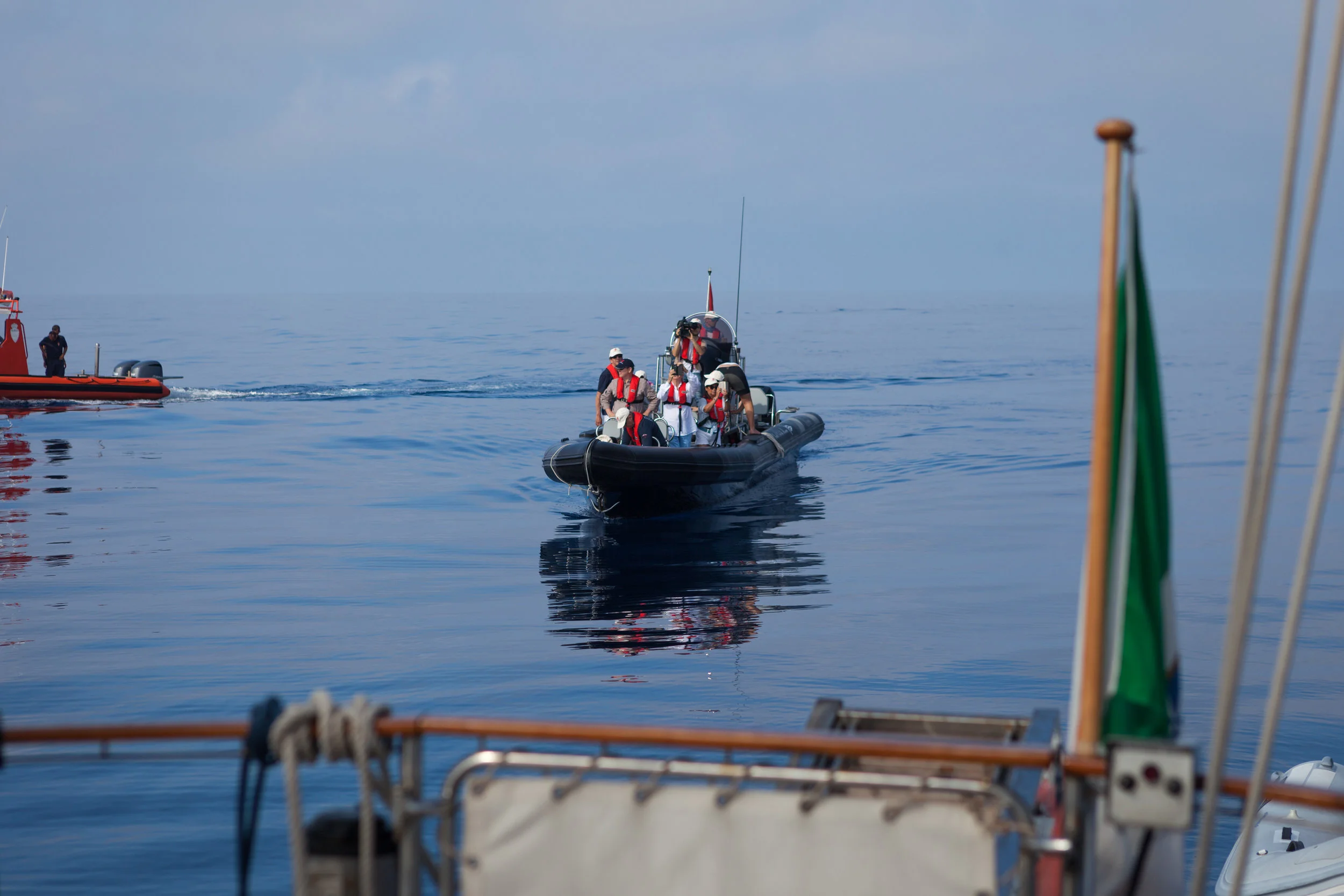 Prince Albert II of Monaco approaches the research vessel we are on named 'The Pelagos'.