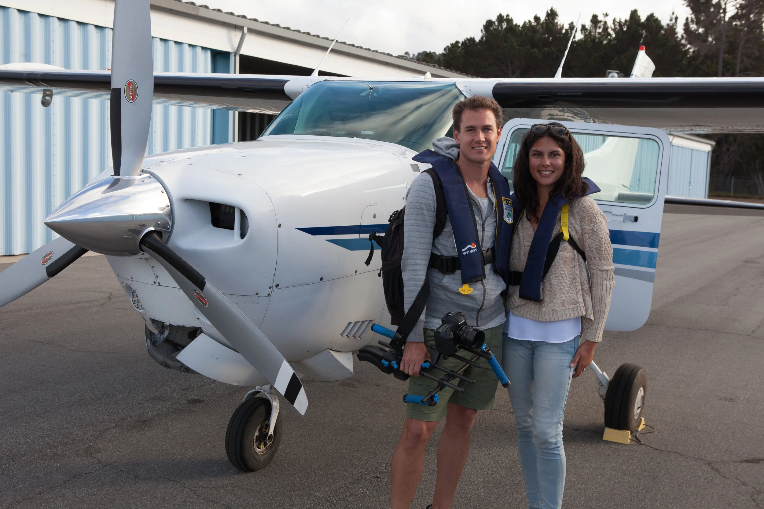 Co-Directors James Sherwood and Danielle Ryan ready to take their first flight with Mike Sutton over California's marine protected area in 2015.