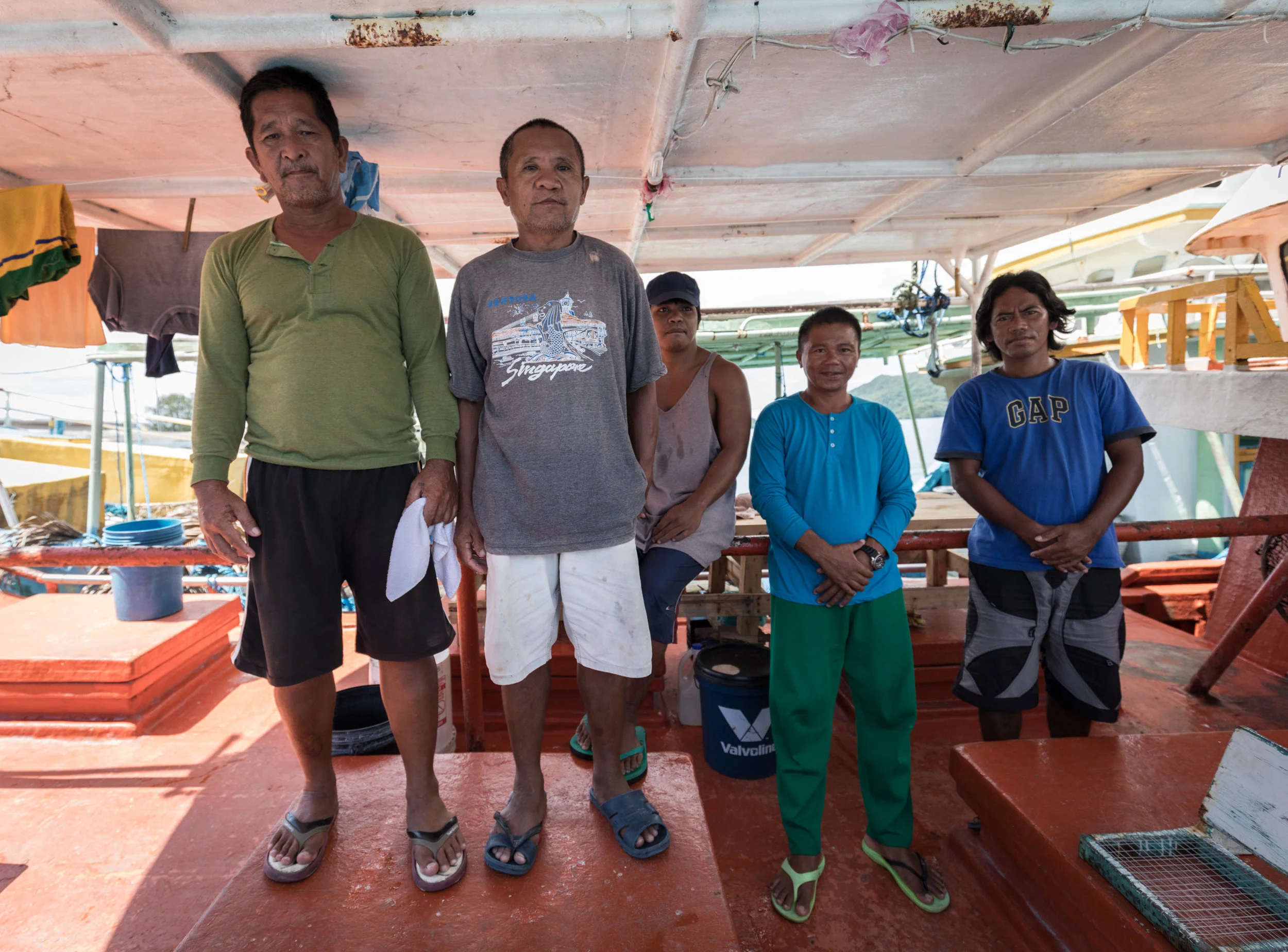 The Filipino fishing crew under house arrest, living on a seized vessel in Palau, June 2017.