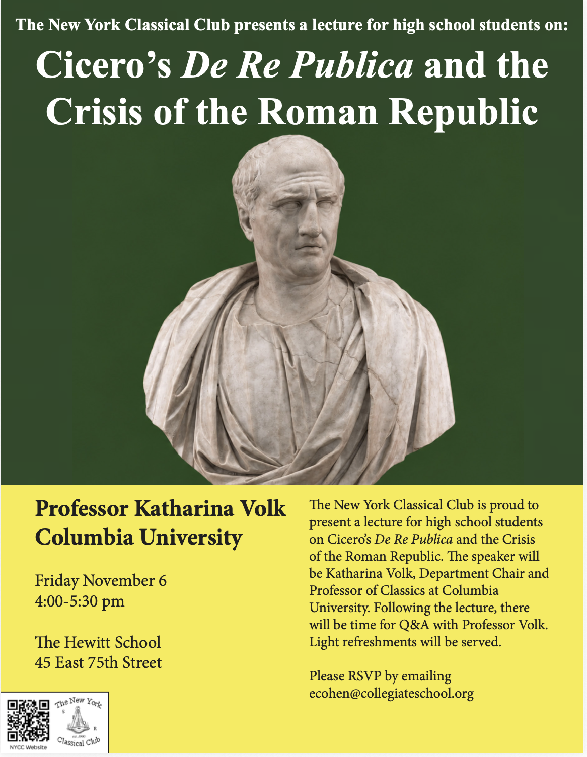 NYCC Lecture for High School Students: Katharina Volk on "Cicero’s De Re Publica and the Crisis of the Roman Republic"
