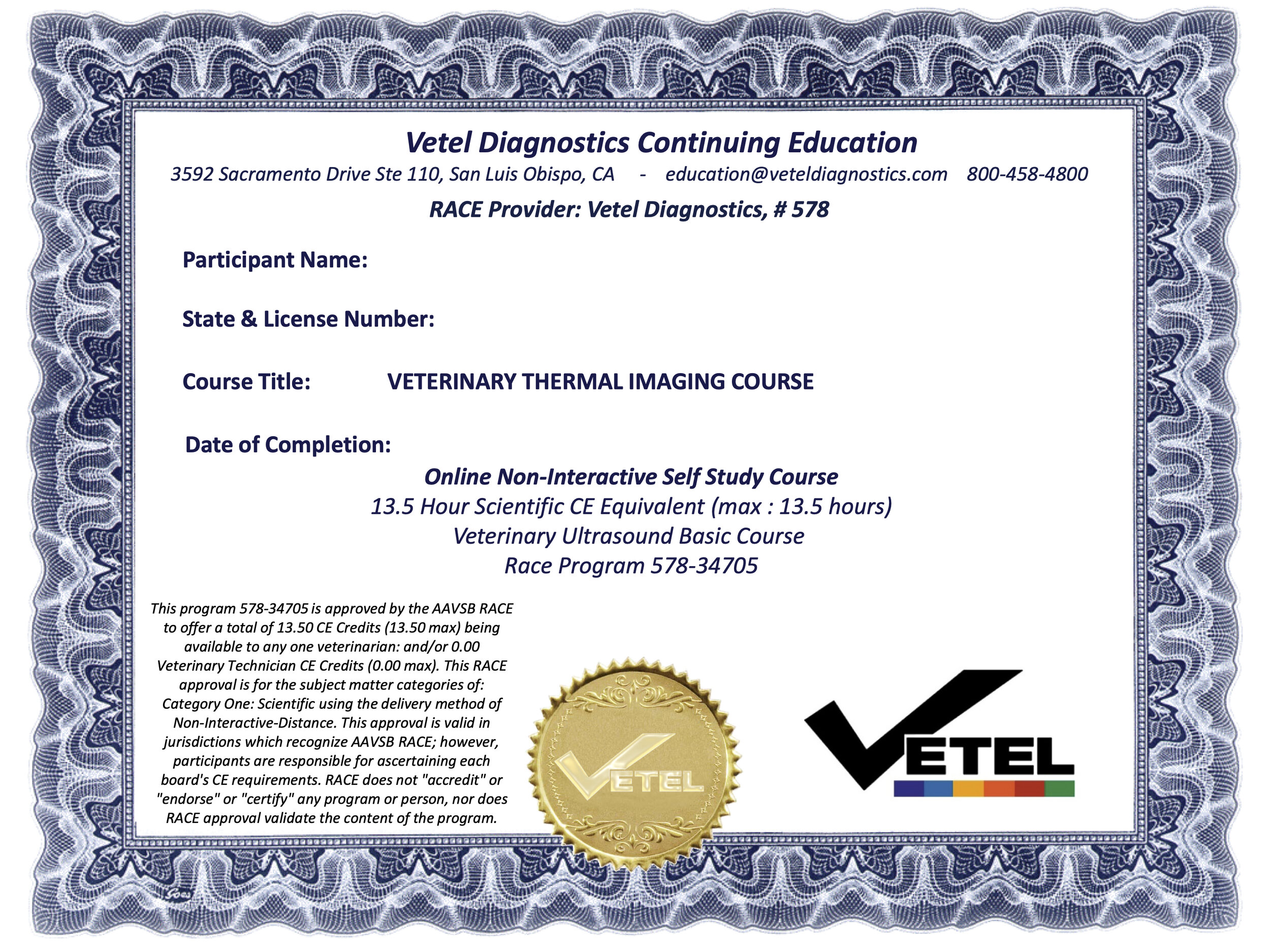 Vetel Diagnostics Certificate of Continuing Education