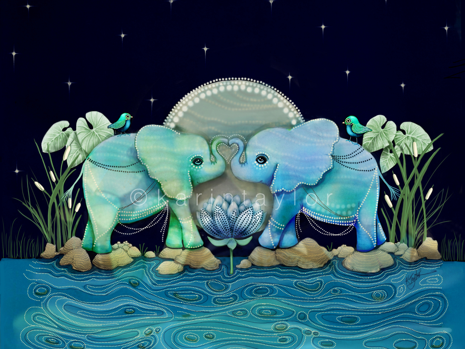 Lotus Flower Elephants Ocean Blue and Sea Green