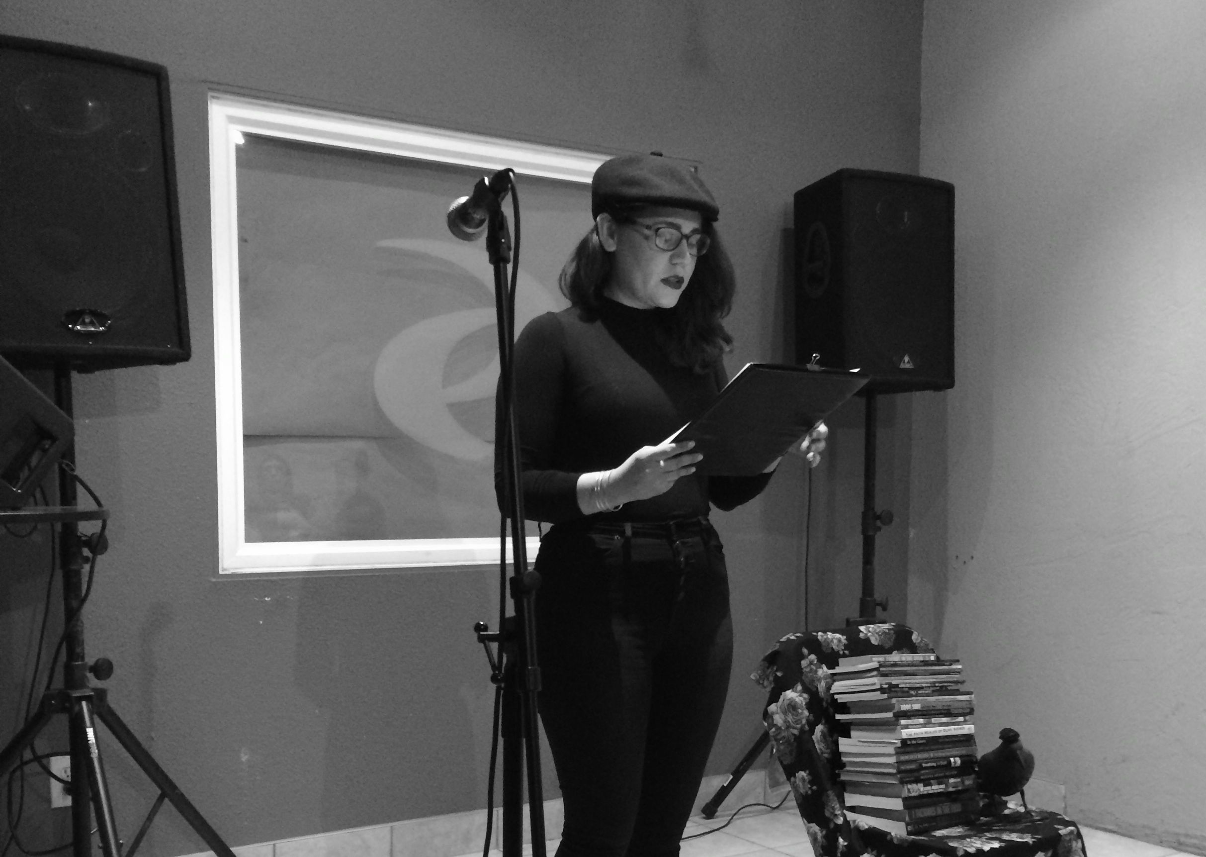 Mia reading at the Rogue Festival in Fresno's Tower District. March, 2015. 