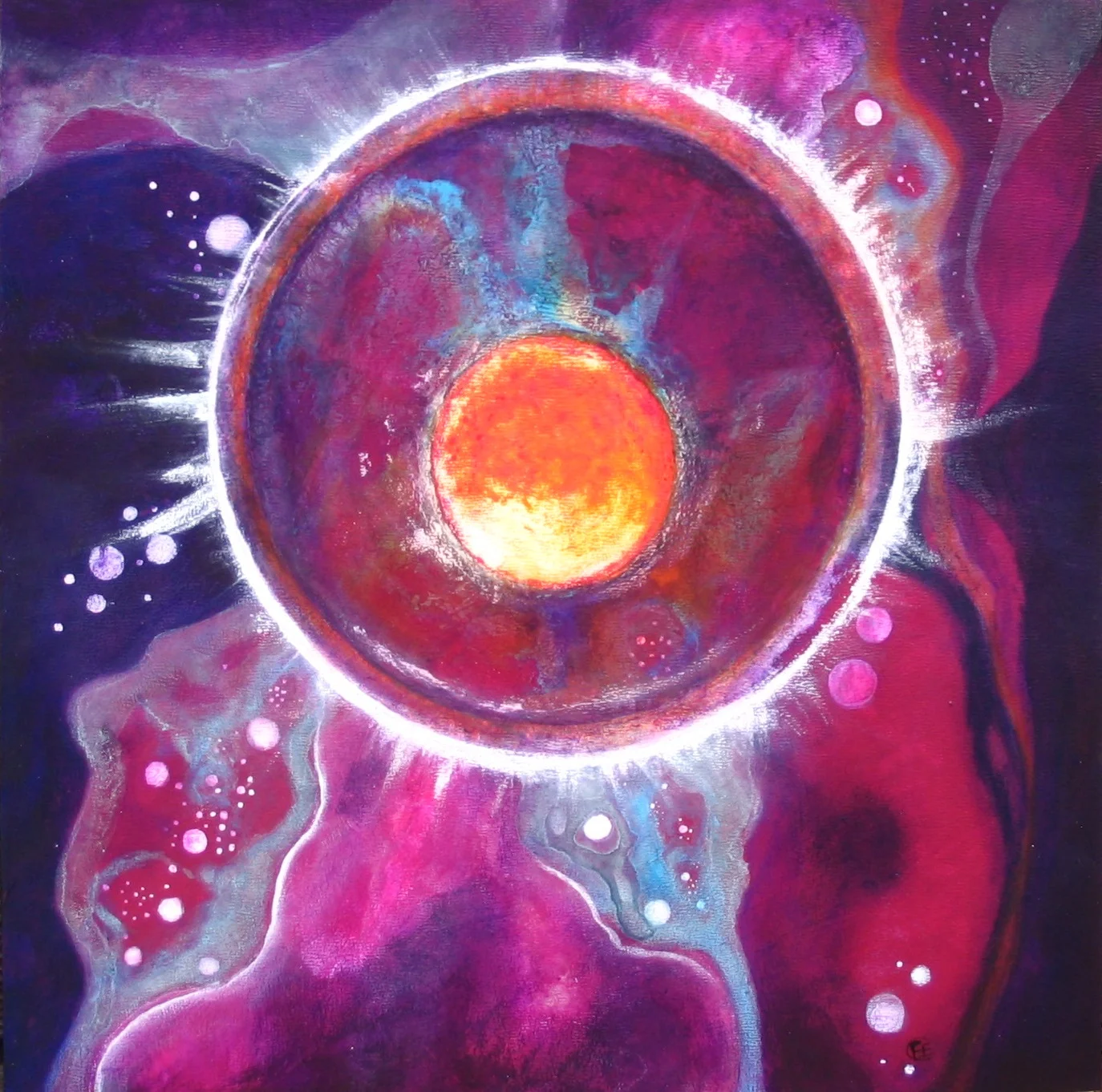 'Through Foxglove Nebula' - acrylic on board, 2016, by F. E. Clark